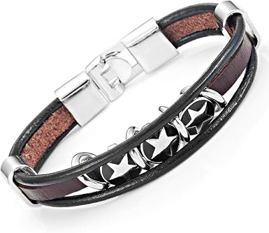 Bracciale a Fascia in Vera Pelle e Acciaio Inox con Stelle Militari,  Marrone e Nero : Amazon.it: Gioielli