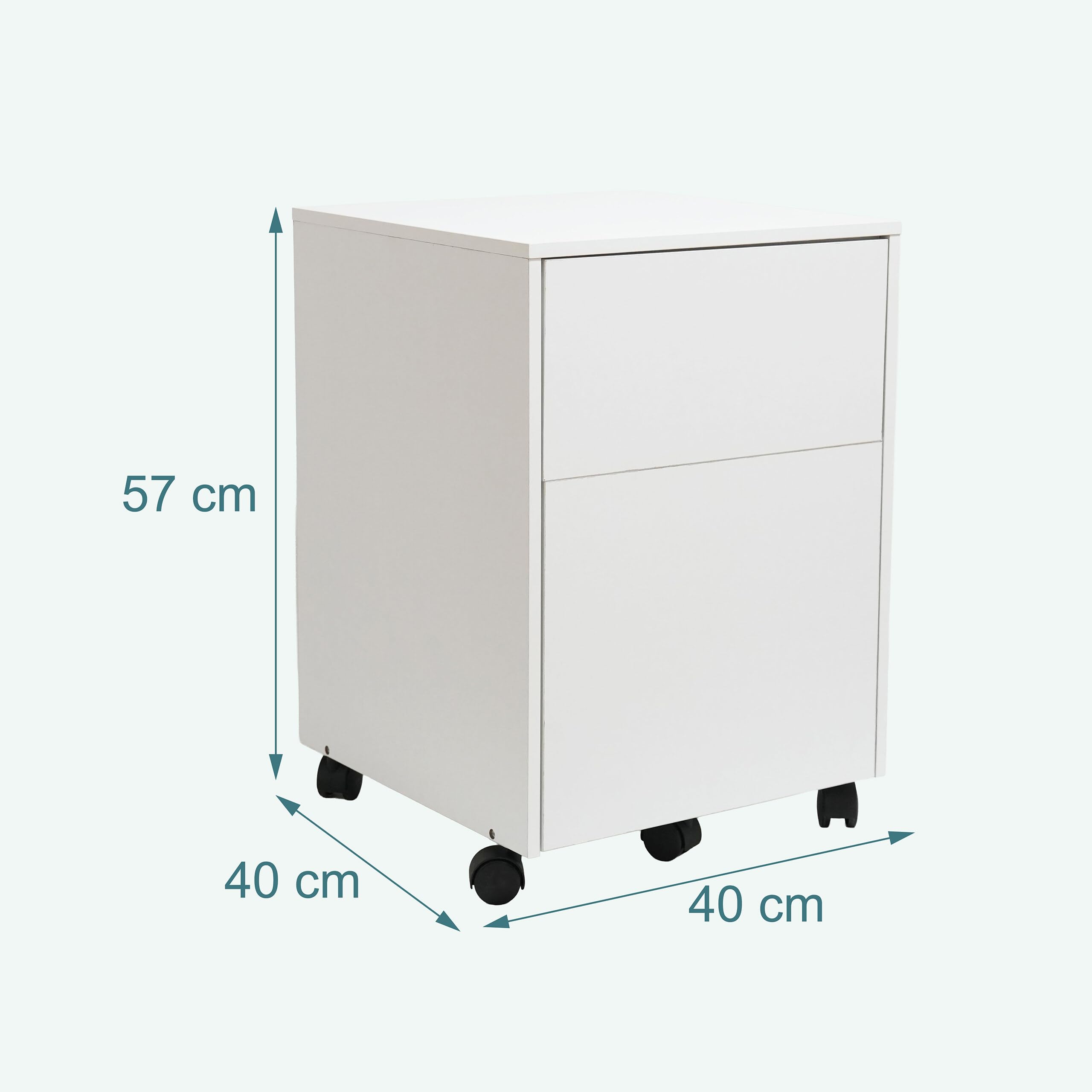 Relaxdays Contenitore con rotelle, 2 cassetti, cassetto per cartelle sospese A4/Letter, HxLxP: 57 x 40 x 40 cm, bianco