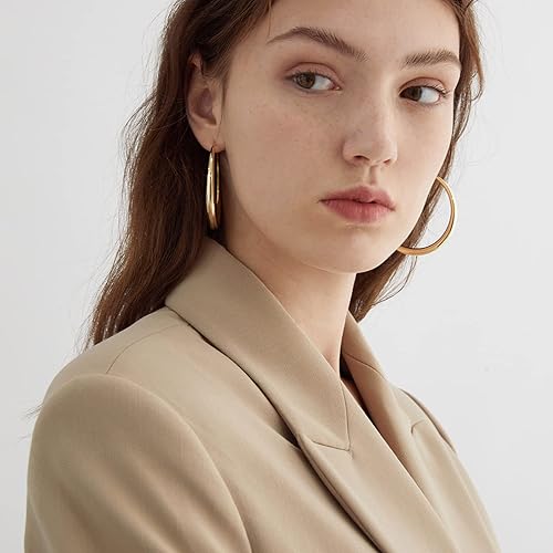 Vista 5 de Kesaplan Aretes de aro de plata 925 para mujer, chapados en oro real de 14 quilates, aretes circulares grandes y simples para regalos