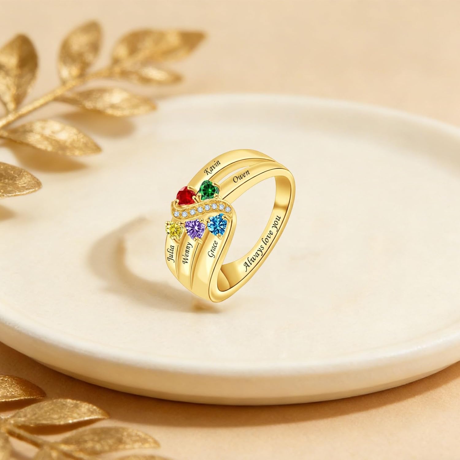 2-6 Birthstones Promise Ring for Women Custom Heart Birthstones Mother Rings Solid 10K/14K/18K White Yellow Rose Gold Engraved Names Engagement Mother Day Rings for Her Wife Mom