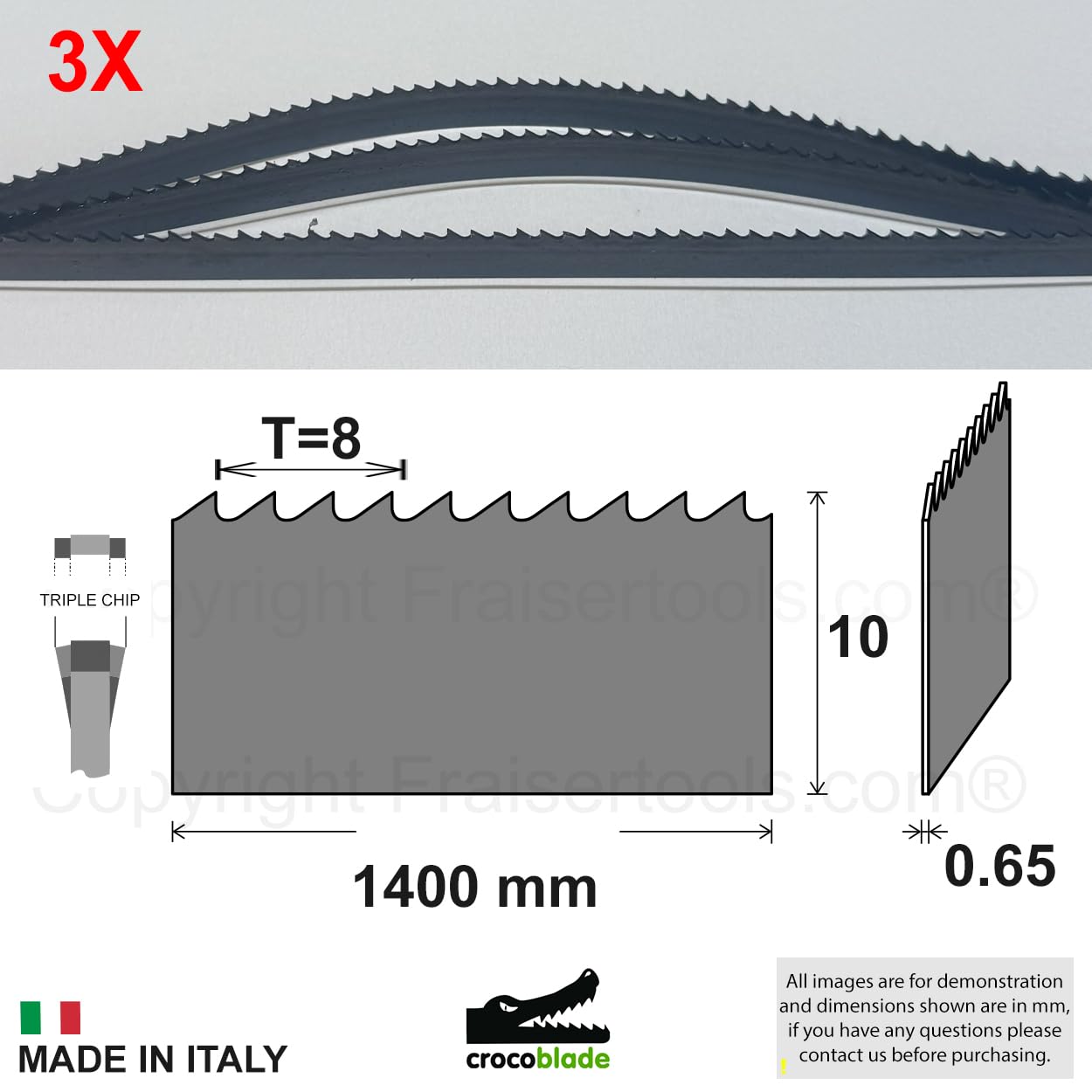 Fraiser CrocoBlade set 3 lame sega a nastro 1400 x 10 x 0,65 mm, per legno e derivati – ricambio professionale per seghe a nastro TC-SB 200, HBS30, HBS25, PBS 350 – TPI 8