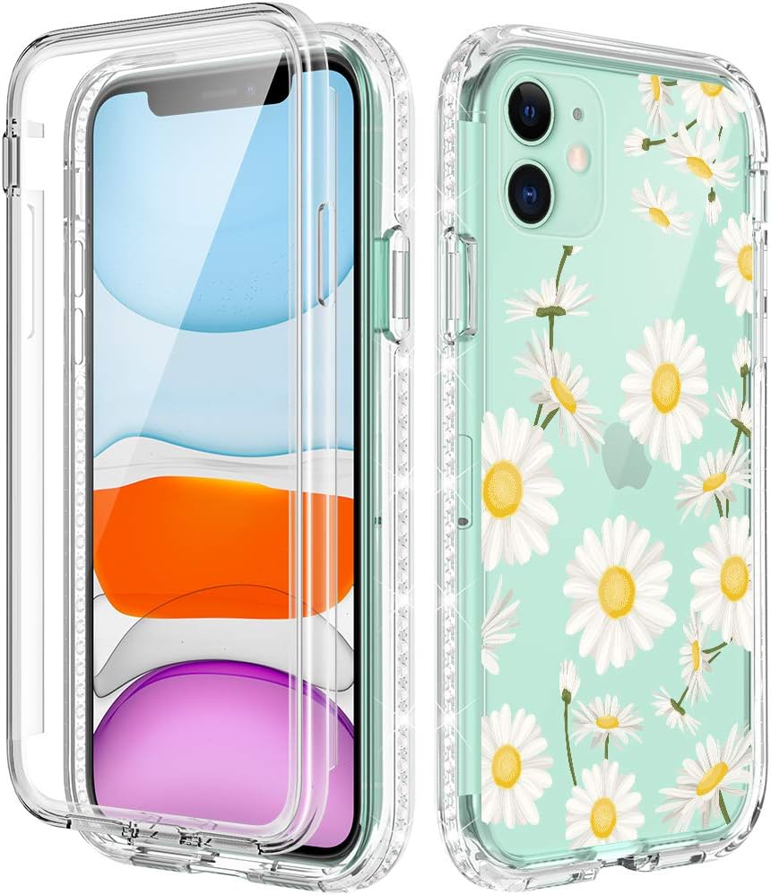 Caka Clear Case for iPhone 11 Case Full Body Protection with Built in Screen Protector Glitter Sparkly Rhinestone Diamond Girls Girly Women Soft 360 Transparent Crystal Case for iPhone 11 6.1 (Daisy)