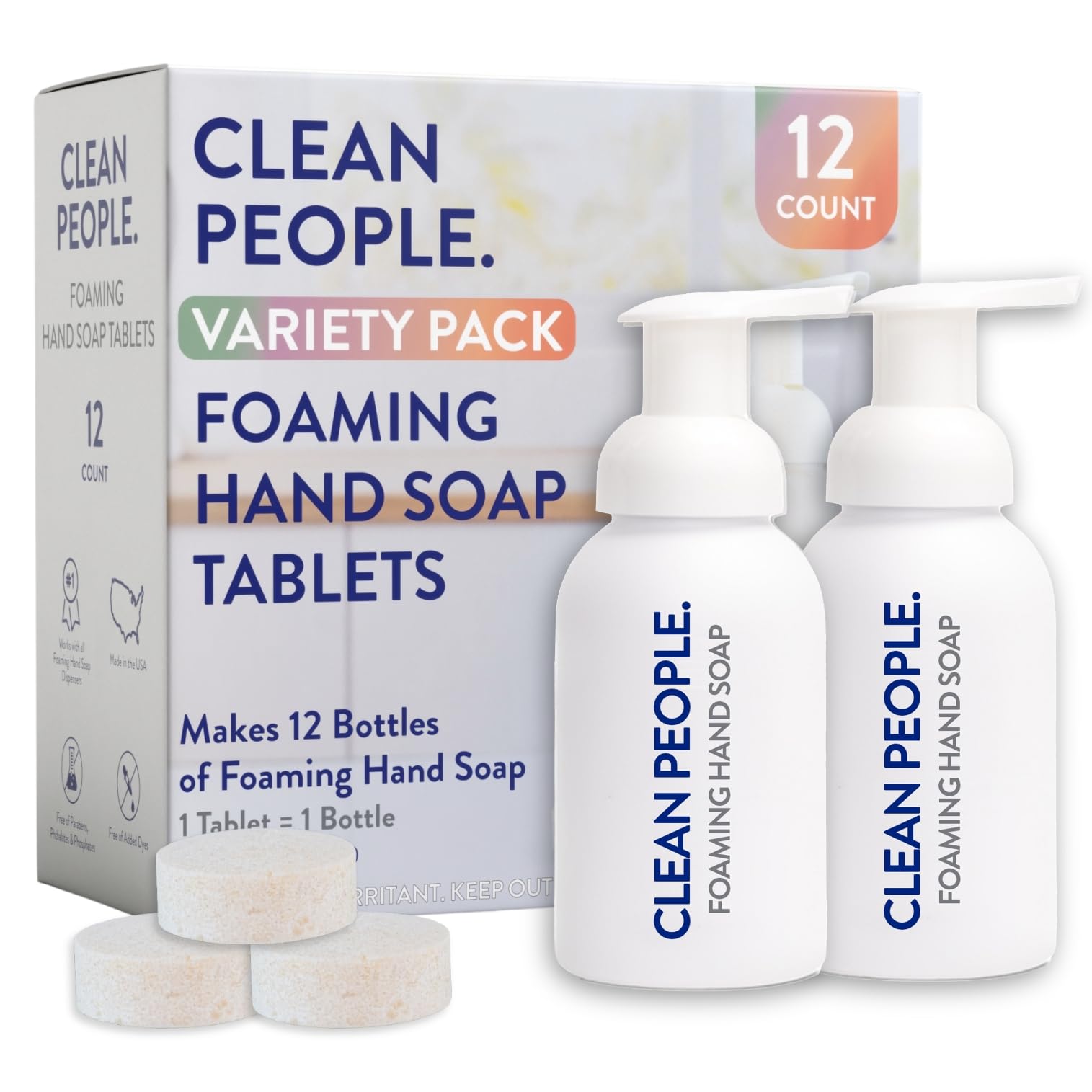 THE CLEAN PEOPLE Scented Variety Pack Foaming Hand Soap Tablets - Mess Free, Gentle on Skin, Makes 12 x 8 fl oz Bottles of Soap (12 Count & 2
