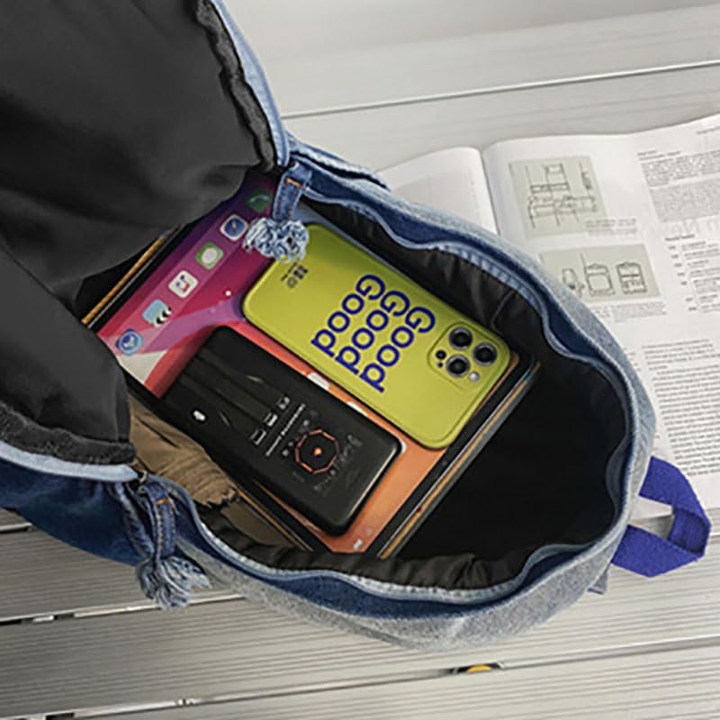 Miniatura 5 de Mochila de mezclilla degradada Y2K estética, ligera, para laptop, clásica, retro, vaqueros, mochila casual de viaje, a negro