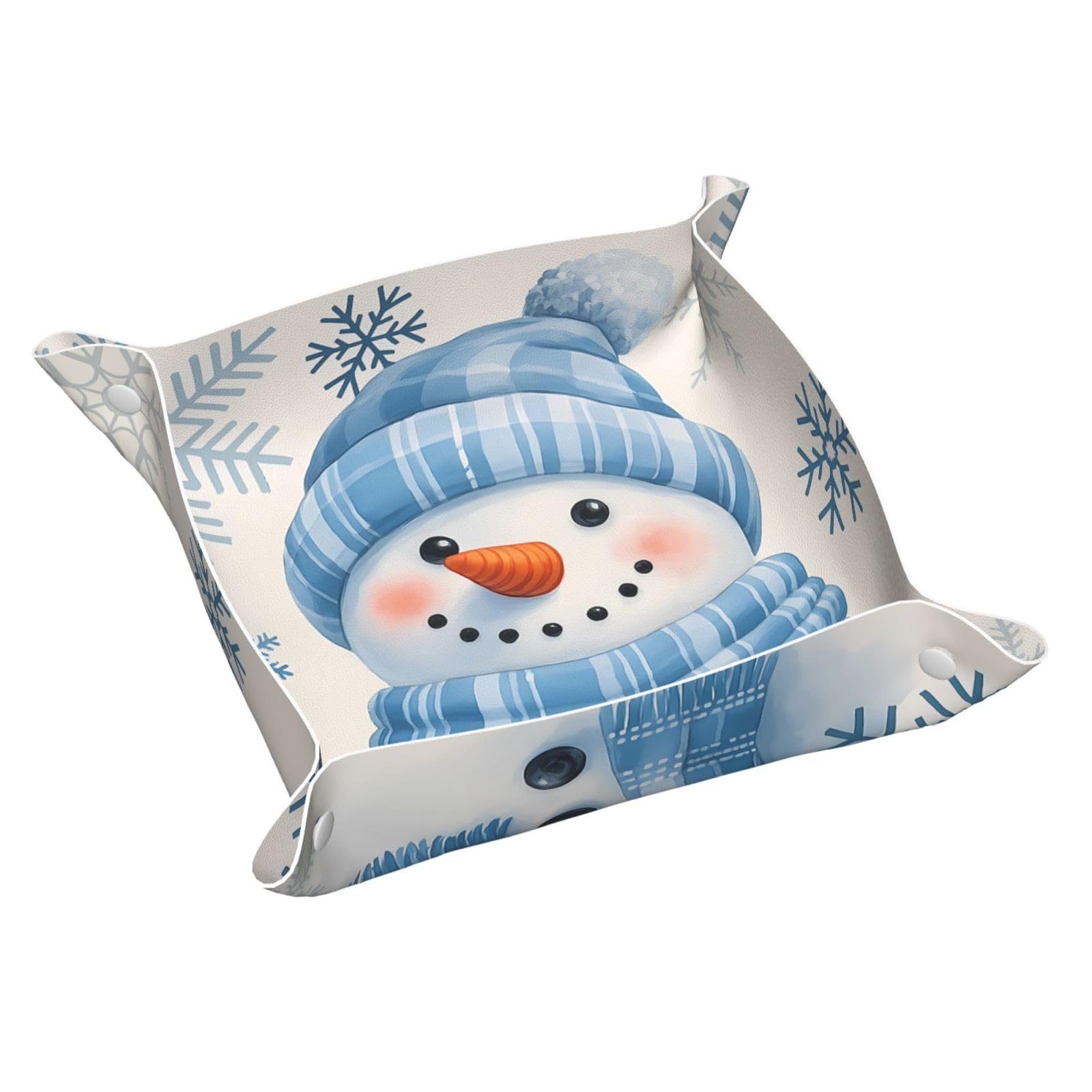 HLBSDM Lovely Winter Blue Snowman Snowflakes Tray Men's Leather Valet Parking Portable Entrance Trays Bedside Storage Box