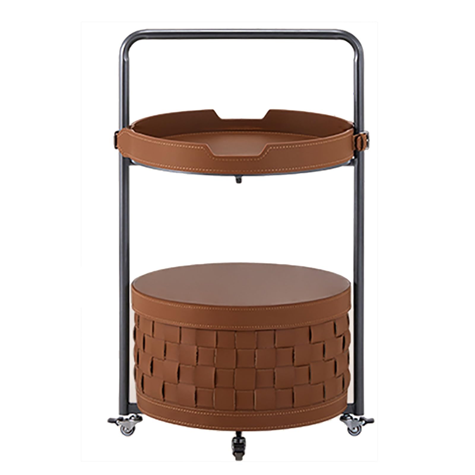 SXZenSpace 2 Tier End Table, Vintage Side Table with Storage Basket Leather Small Wheels for Living Room Sofa Couch Bedroom(Brown)