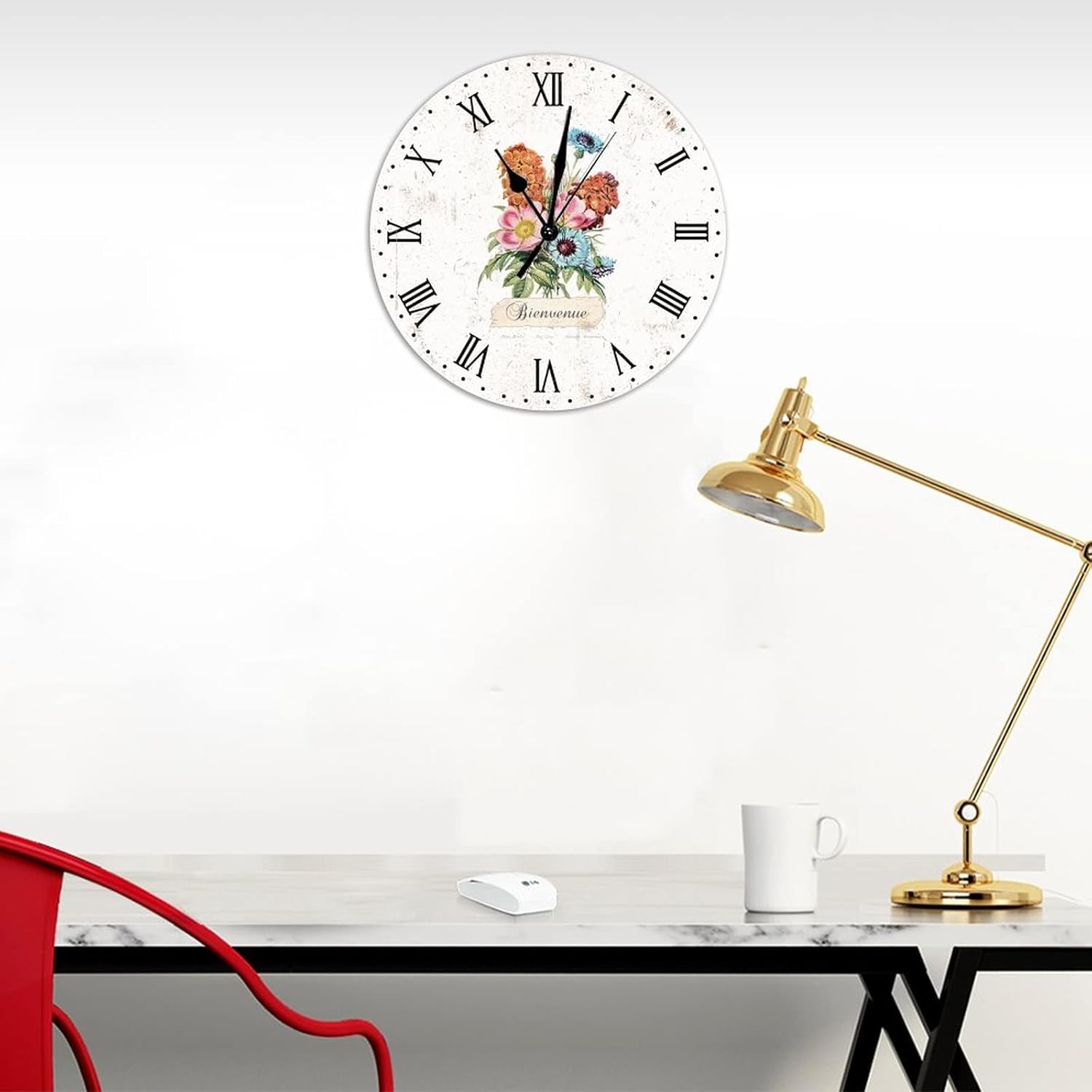 Vintage Rustic Floral Round Wall Clock Silent Non Ticking Oil Painting Home Office School Decorative Clock Art Welcome Bienvenue Clock