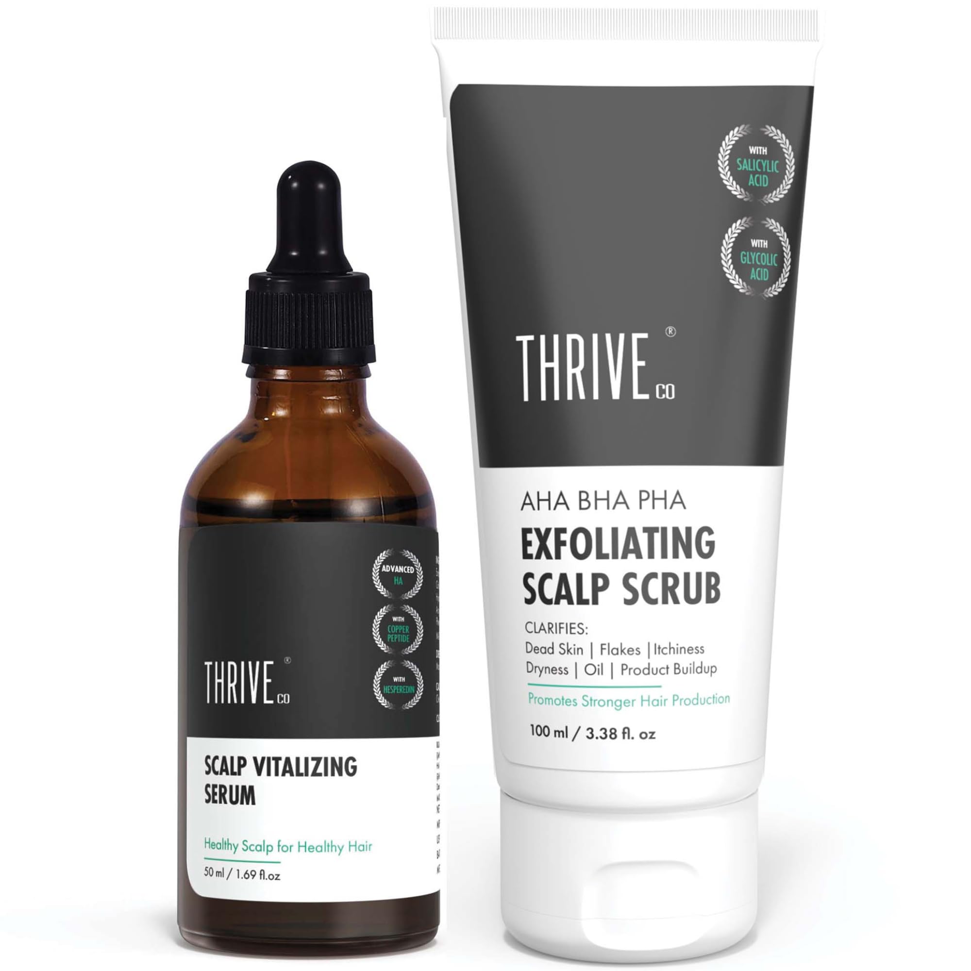 ThriveCo Scalp Care Kit: Aha Bha Pha Exfoliating Scalp Scrub, 100Ml & Vitalizing Serum, Dandruff & Itchiness Provides Clean Scalp & Promotes Hair Growth 50Ml White & Transperant