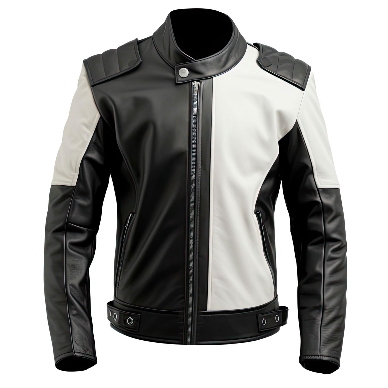 Men’s Black White Genuine Sheepskin Biker Leather Jacket