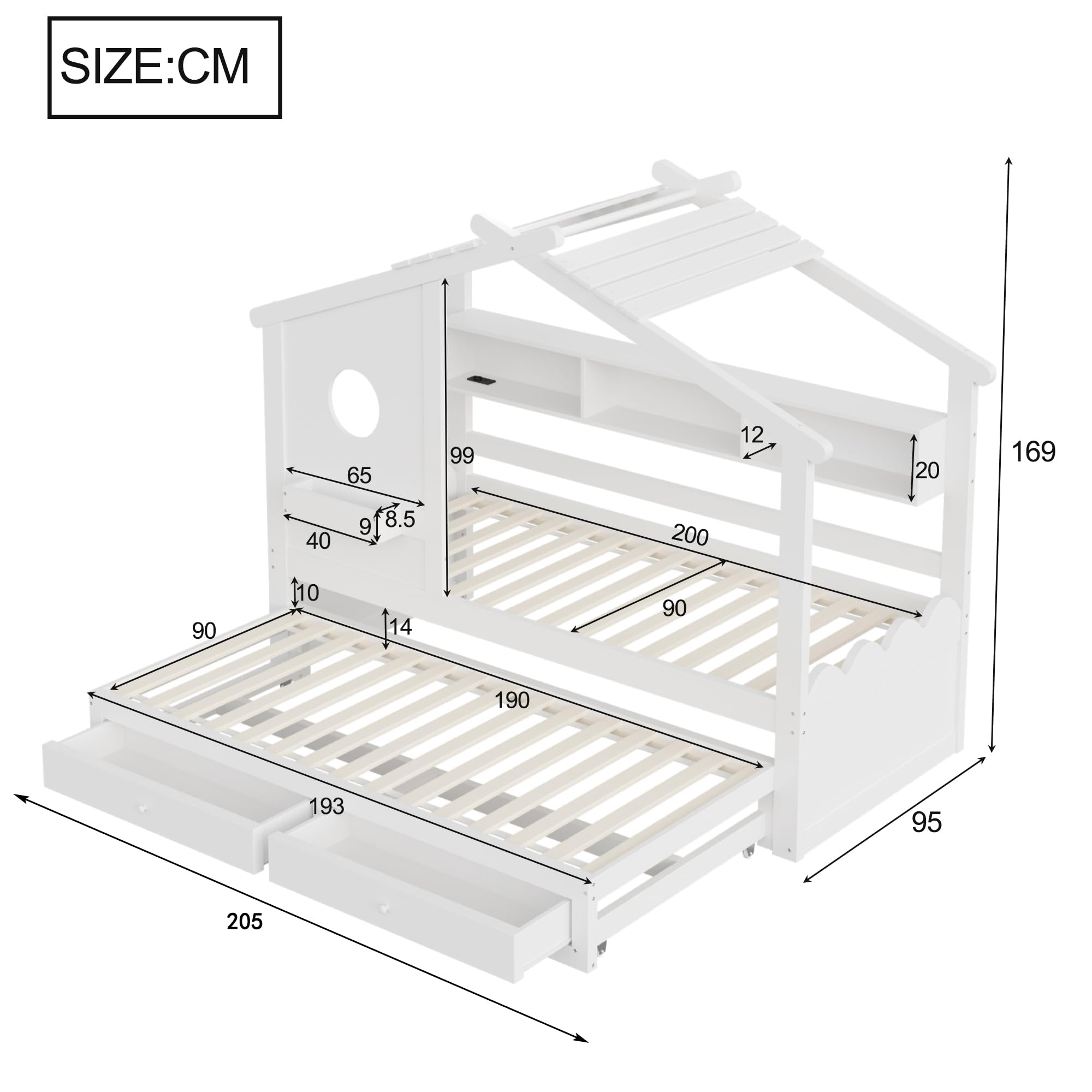 Lit Enfant 90x200cm avec Port USB et lumière LED,Conception de Maison,Lit d'enfant Multifonctionnel avec lit gigogne 90x190cm,avec 2 tiroirs et étagère de Rangement,Blanc (Matelas Non Inclus)
