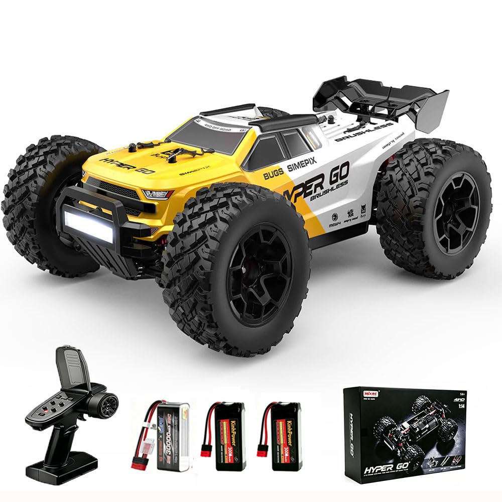 MJX 14207 1/14 zdalnie sterowany samochód dla dorosłych, 55 km/h, samochód wyścigowy z dużą prędkością, 4WD bezszczotkowy silnik Off Road Race Buggy, 3 baterie, żółty, z podwójną obudową