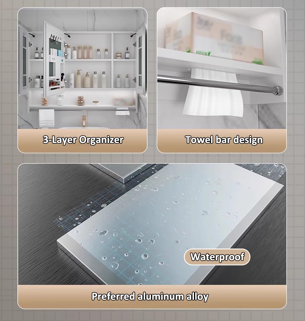 Armadietto a specchio da bagno a 3 ripiani con luce LED e barra portasciugamani, portaoggetti da parete in alluminio per cosmetici e pannolini, ideale per trucco e rasatura