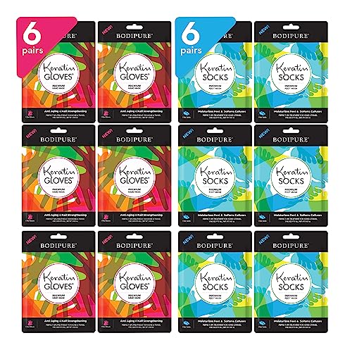 Bodipure Premium Hand and Foot Mask | Moisturizing Kertain Gloves & Socks | Hydrating Dull Dry Hands, Cracked Heels, Callus Softening & Nail Strengthening | Chemical-Free Feet Treatment | (6+6 Pack)
