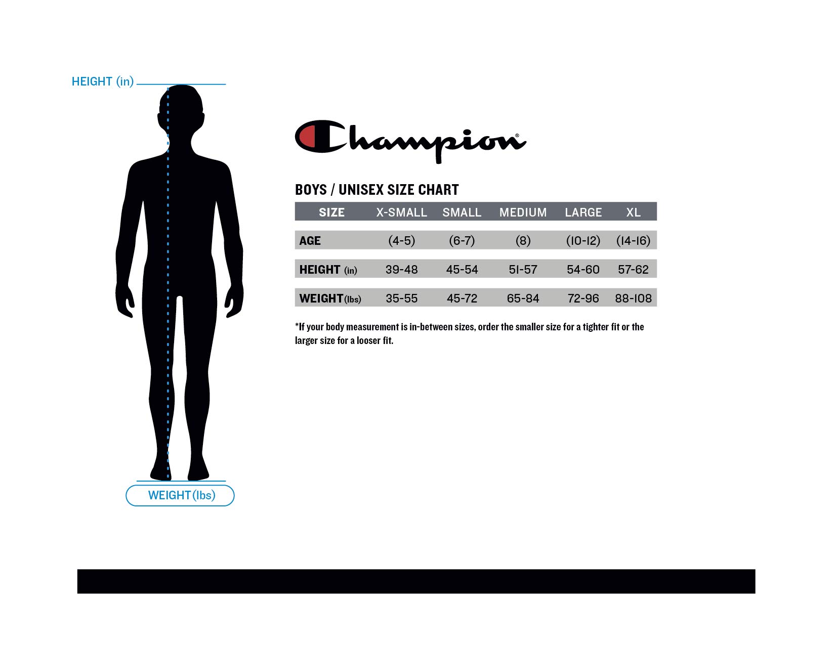 size chart champion tee