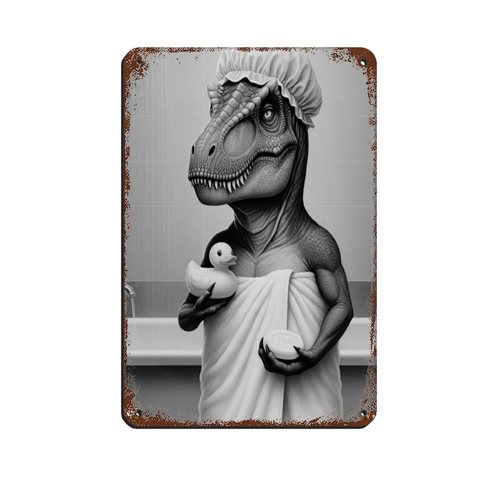 Dino in Towel with Rubber Duck And Soap Retro Poster Metal Tin Sign Chic Art Retro Iron Painting Bar People Cave Cafe Family Garage Poster Wall Decoration 8x12inch(20x30cm)