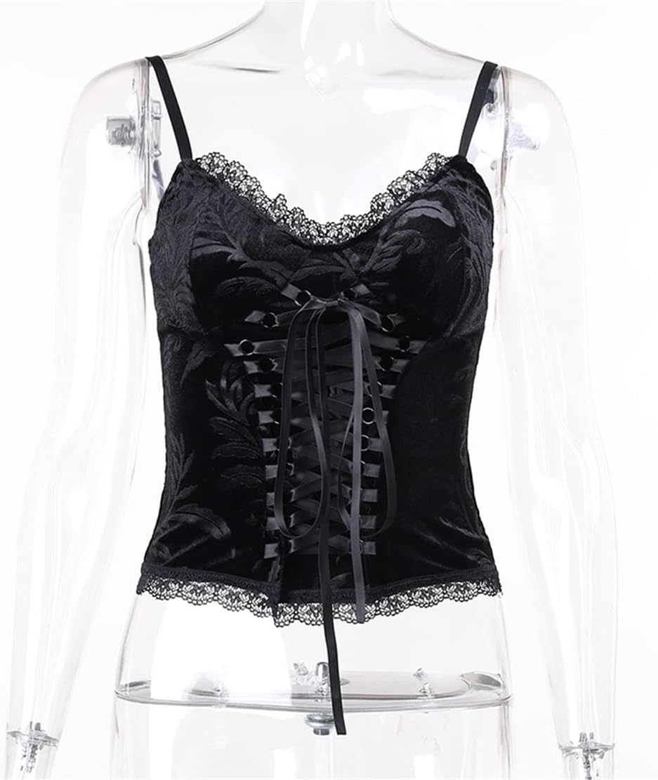 Women's Gothic Crop Top Spaghetti Strap Camisole Mall Goth Grunge Punk Fairy Cami Corset Top Backless Vest