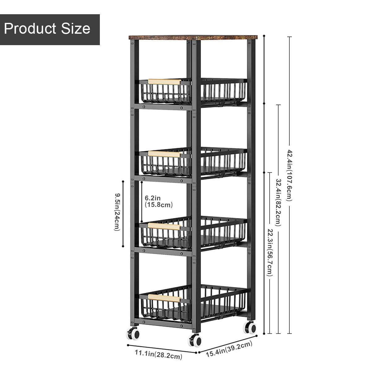 Carrito Auxiliar con Ruedas 5 Niveles – Carro de Cocina o Baño con Cestas Extraíbles, Estantería Metálica Negra, 40x30x107,5 cm, Organizador Multiusos