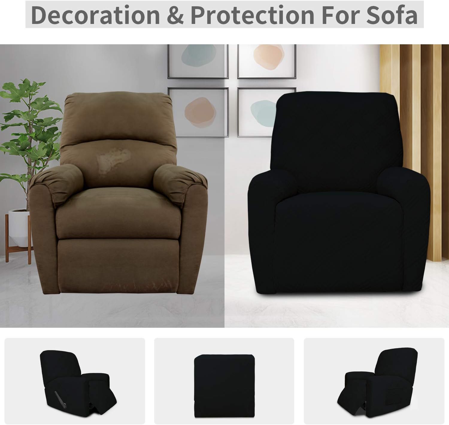 Easy-Going Stretch Recliner Sofa Cover, 4 Pieces Couch Cover for Recliner, Stylish Jacquard Sofa Slipcover with Elastic Loops, Machine Washable Furniture Protector (Recliner, Black)
