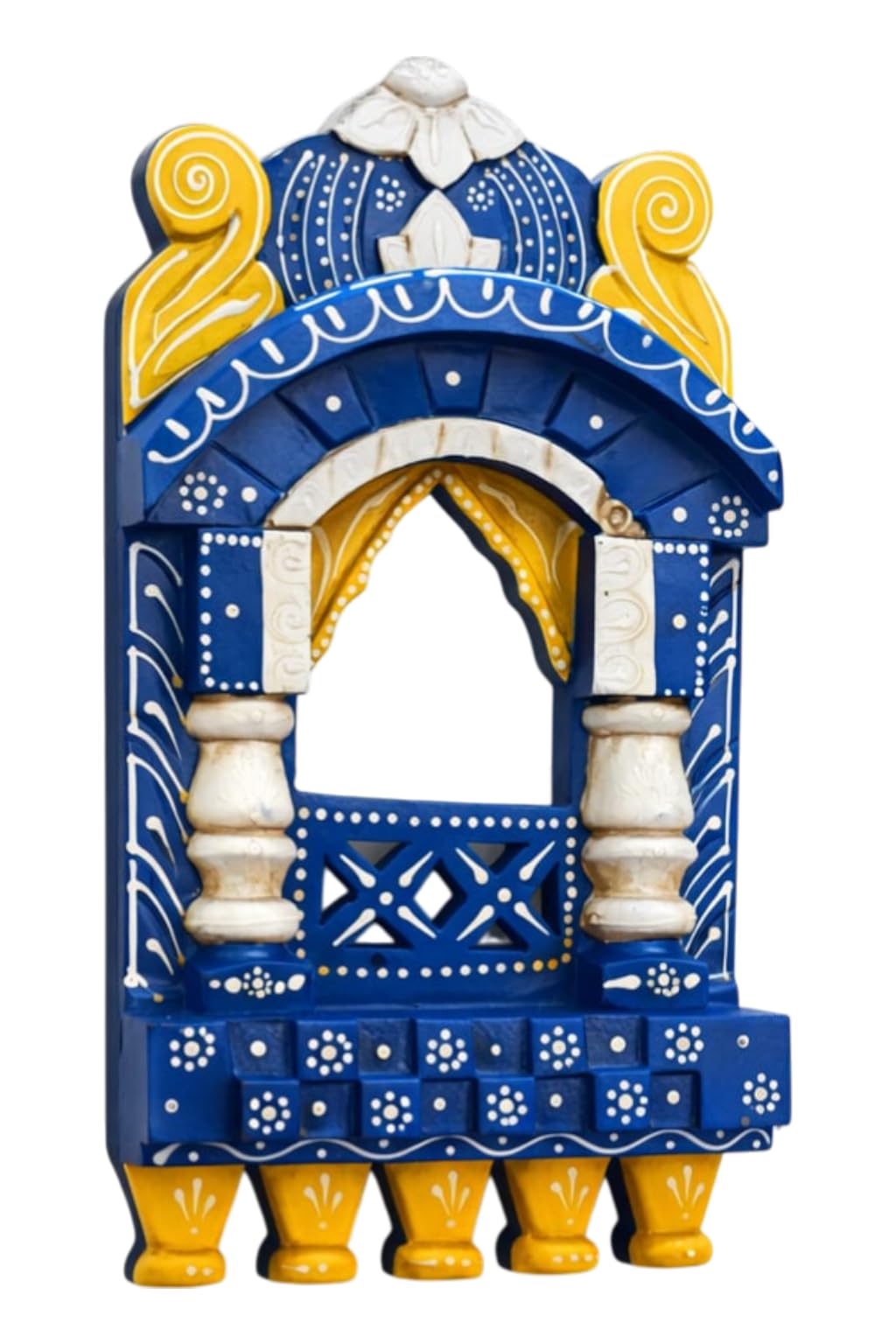 Royal Rajasthani Wooden Jharokha Wall Decor, 11 Inch Handcrafted Traditional Wall Hanging Frame, Ethnic Indian Home Decoration Art Piece for Living Room, Bedroom, Entryway & Festive Gifting (Blue & Yellow)-image-35