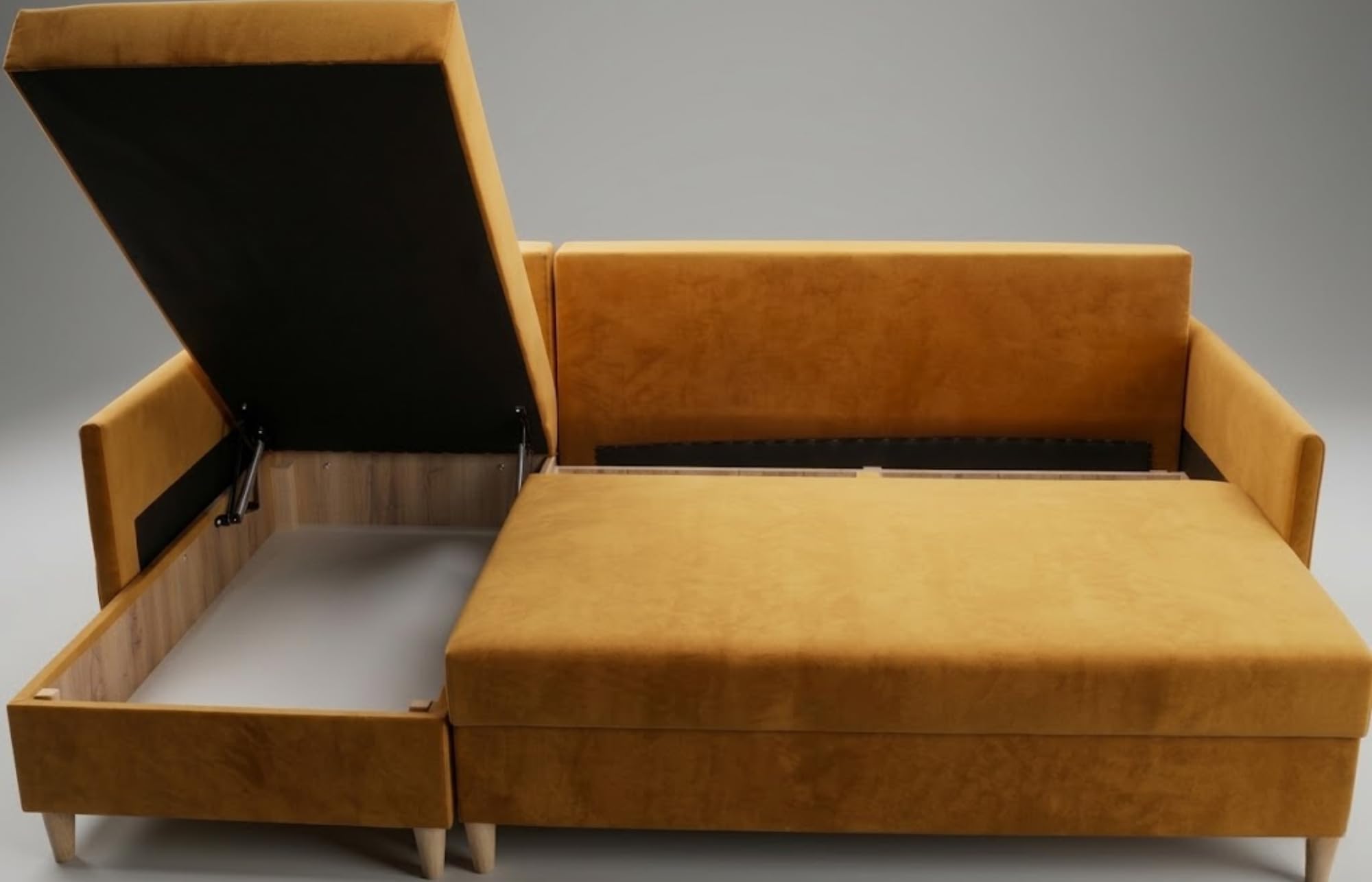 KIER FURNITURE Ecksofa mit Schlaffunktion Kendi - 210 cm Lang - L-Form-Sofa als 3-Sitzer – Wohnzimmer-Couch mit Bettkasten und Armlehnen - Große Liegefläche 140 x 200 cm - Samt Blau