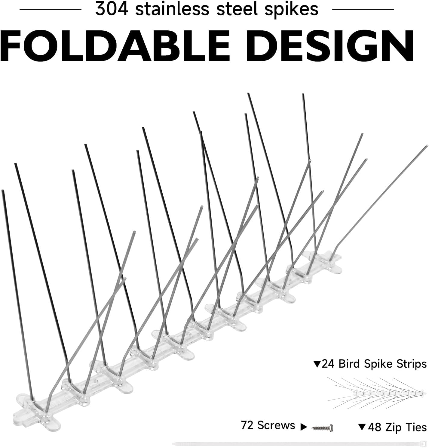Pre-Assembled Bird Spikes Foldable Stainless Steel Spikes with Polycarbonate Base Pigeon Spikes Fence Kit for Small Bird Crows Woodpeckers (24 Strips 19.69 Feet)