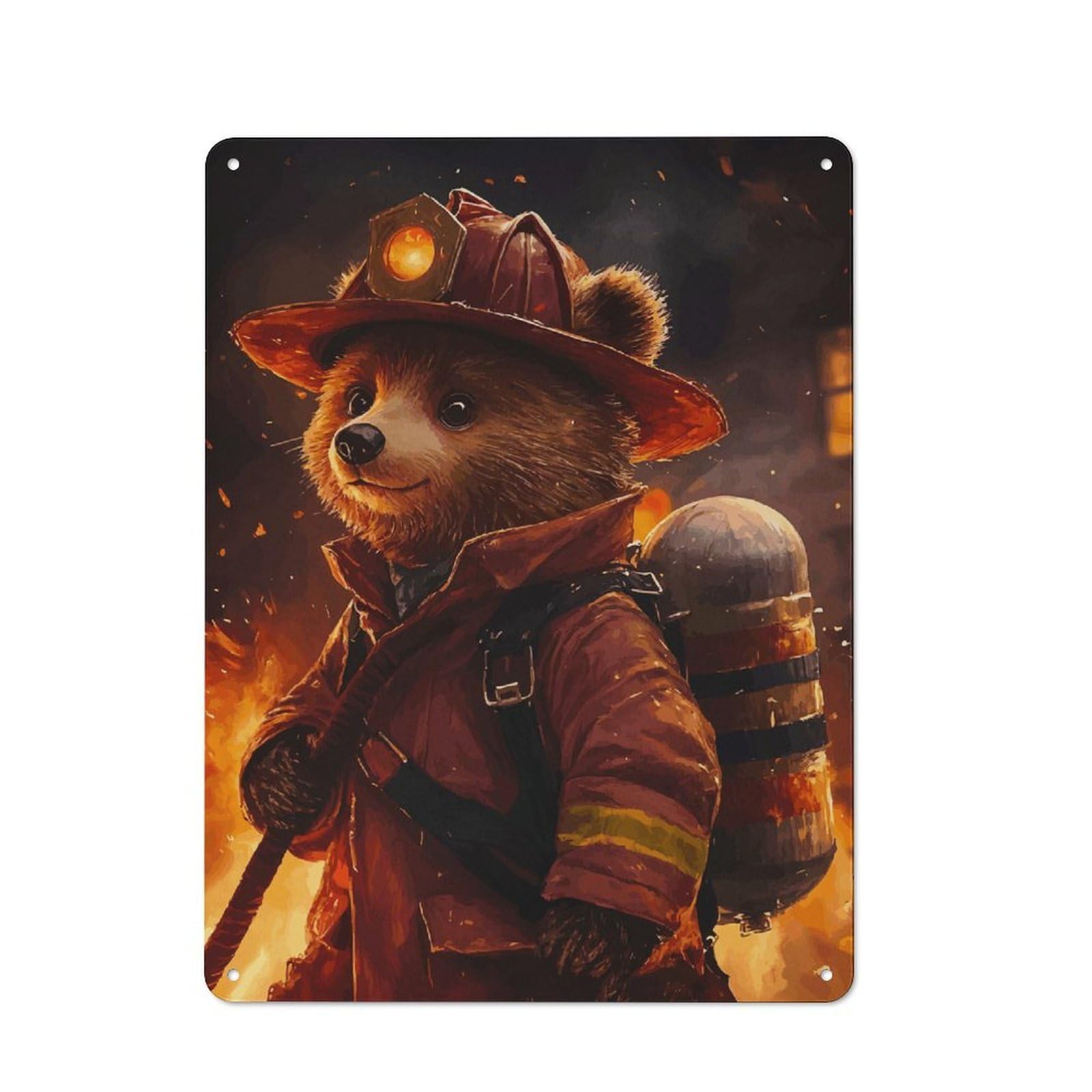 Junmoney Brave Firefighter Bear Classic Metal Wall Decor 40X30cm, Decorative Metal Sign For Workspace, Cafe, Shop Or Desk Area