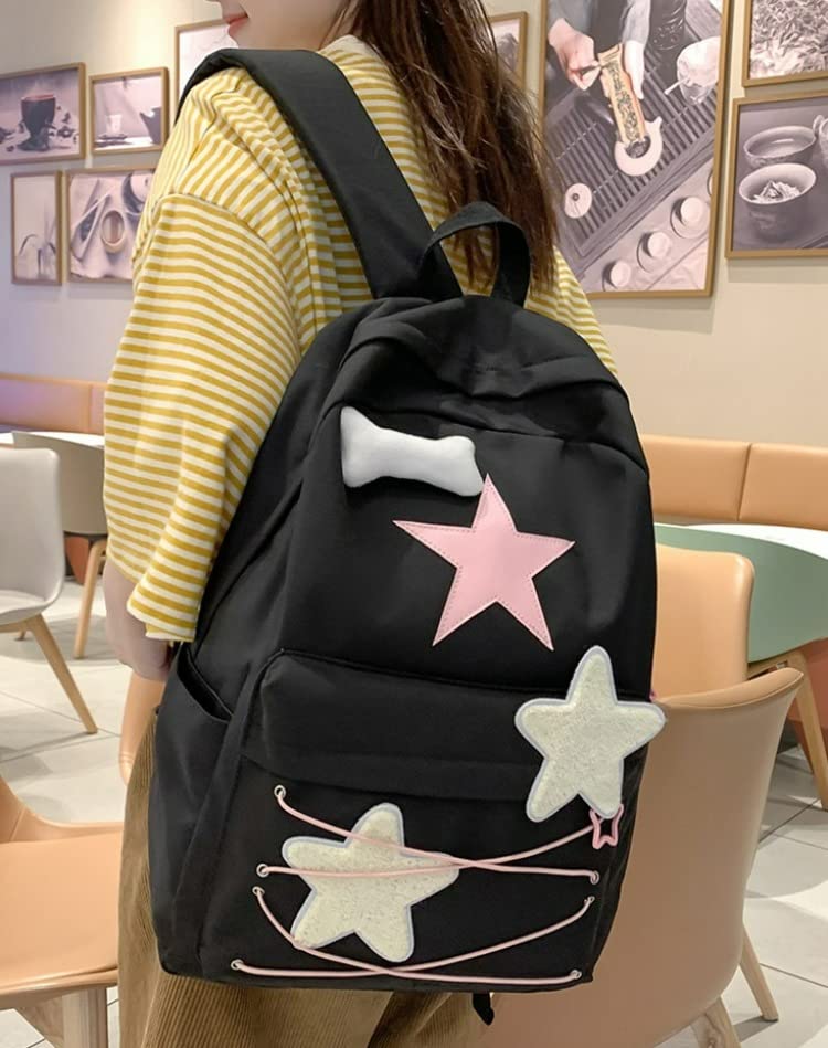 Preppy Backpack Cute Stars Pattern Korean Style Backpack Aesthetic College Book Bag for Work Travel (One Size,Black)4