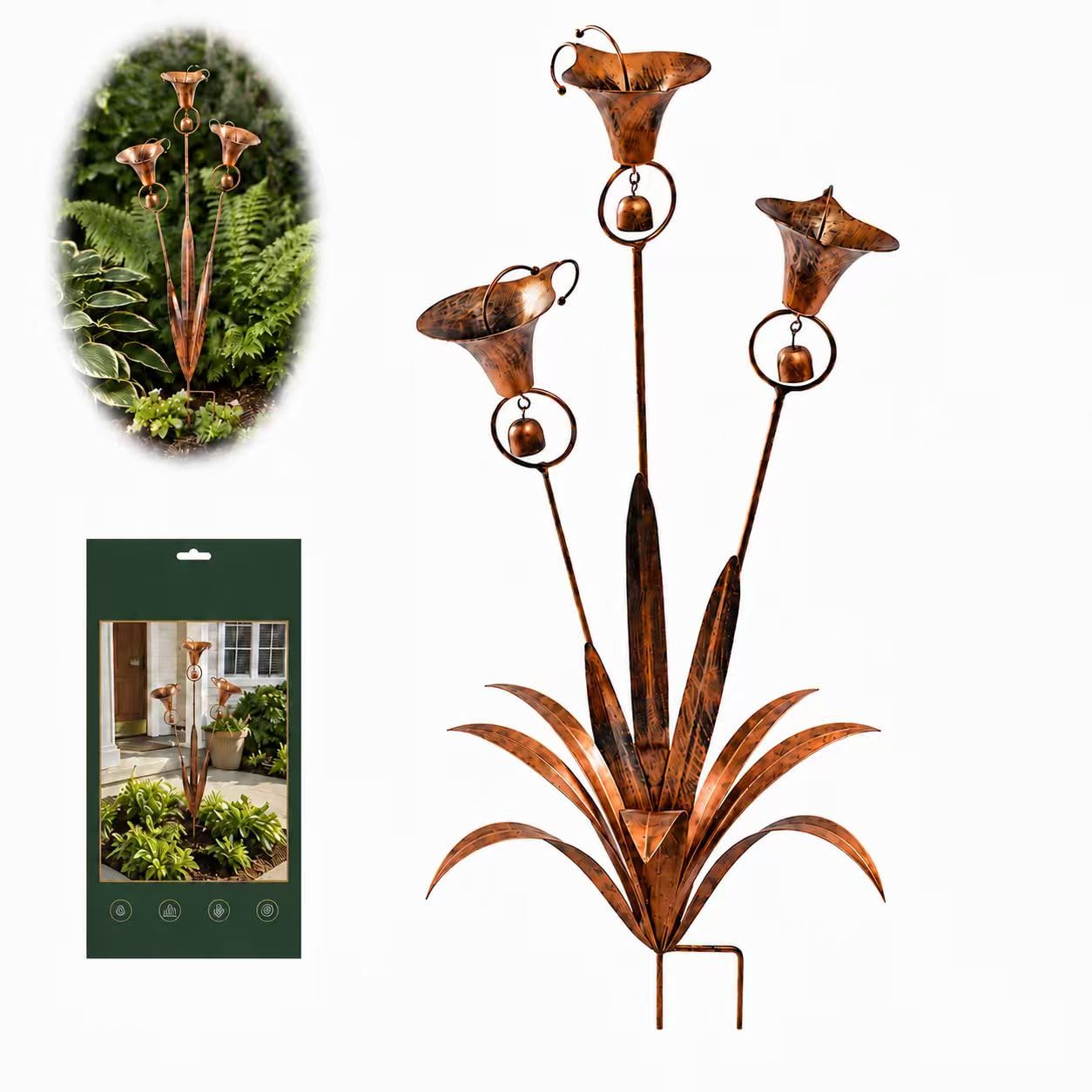 Calla Lily Garden Stake with Bells, Copper Metal Flower Wind Chime Yard Art, Rustic Outdoor Decorative Stake for Patio Lawn Garden Ornament