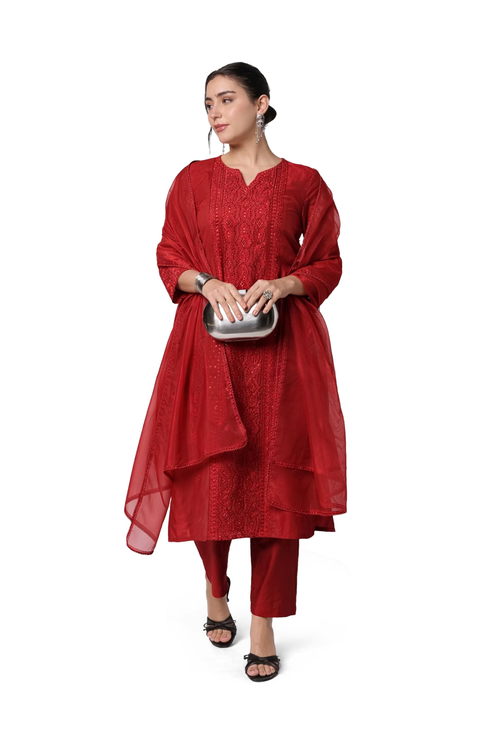 amazon brand - myx Women's Unstitched Embroidered Cotton Kurta Pant Set with Organza Dupatta-picture-44