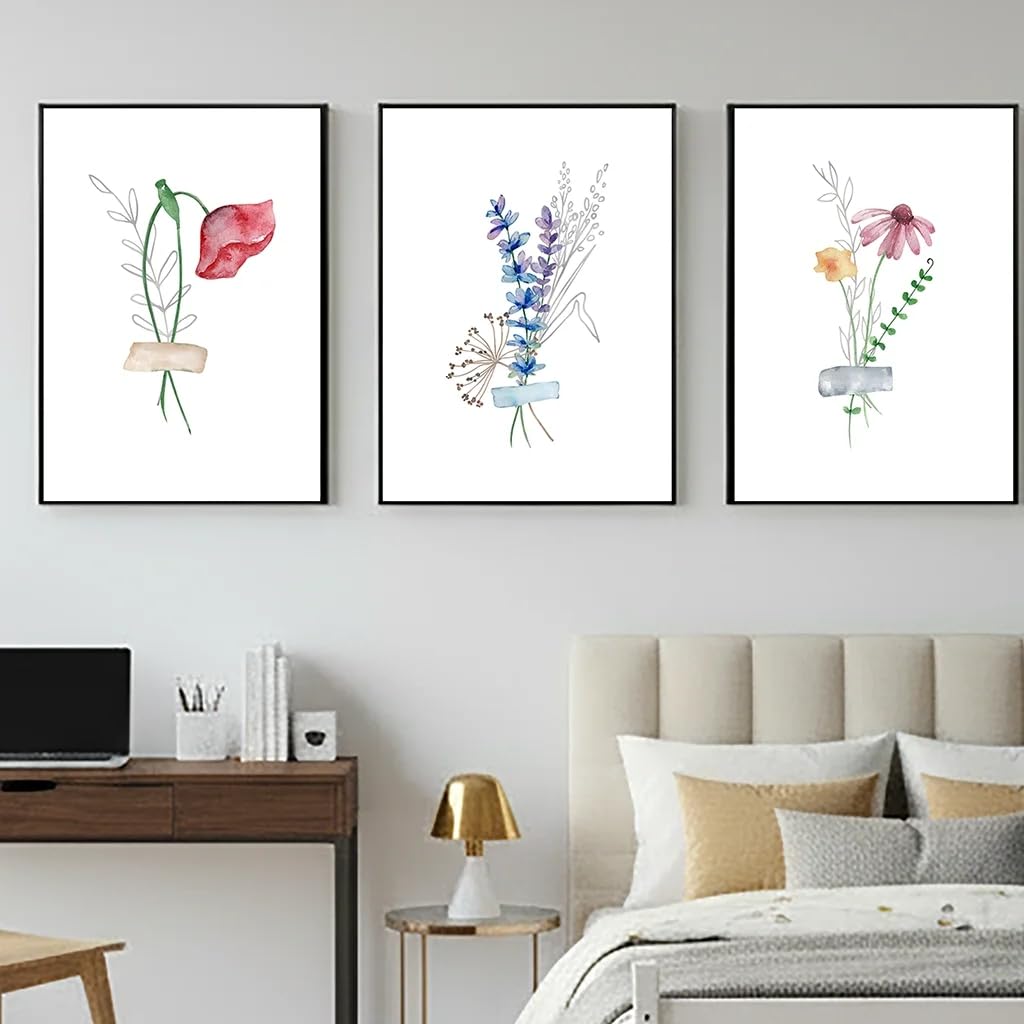 GOSRD Canvas Painting, Boho Plant Flower Wall Art Nordic Wildflower Botanical Minimalist Poster Print For Living Room Decor(30x50cm-3Pcs)