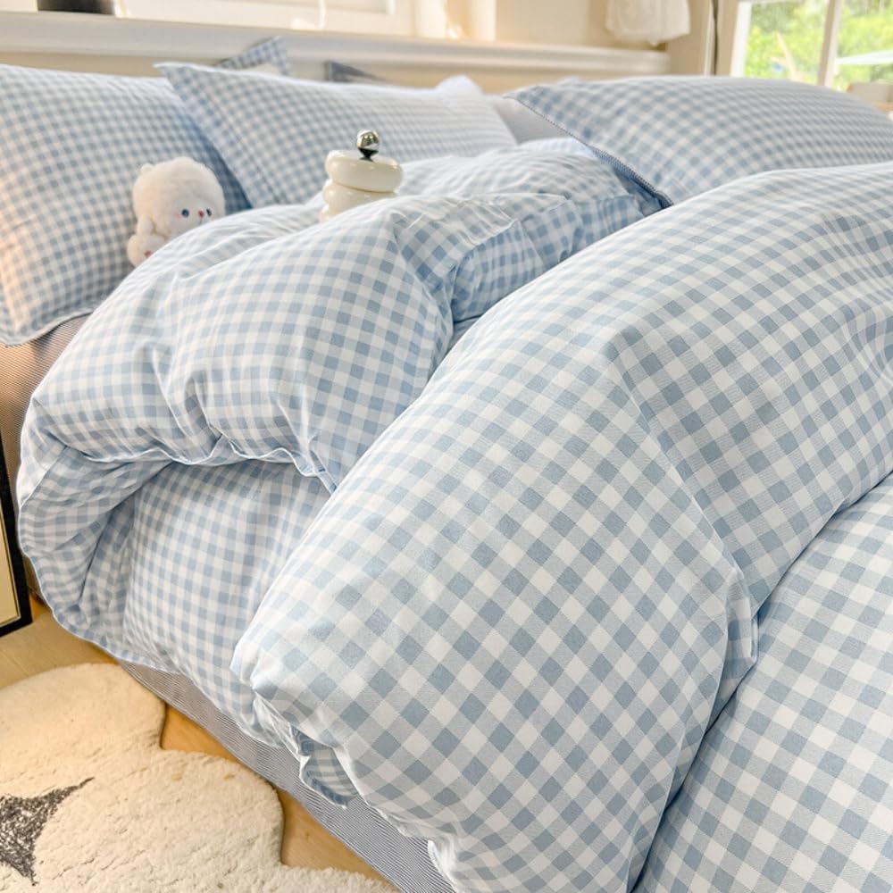 Michorinee Single Duvet Cover Set Blue White Plaid Grid Checkered Pattern Country Style Gingham Bedding Set including Zipper Closure Soft & Breathable Washed Microfibre Quilt Cover with 1 Pillowcase 50x75 - Image 3