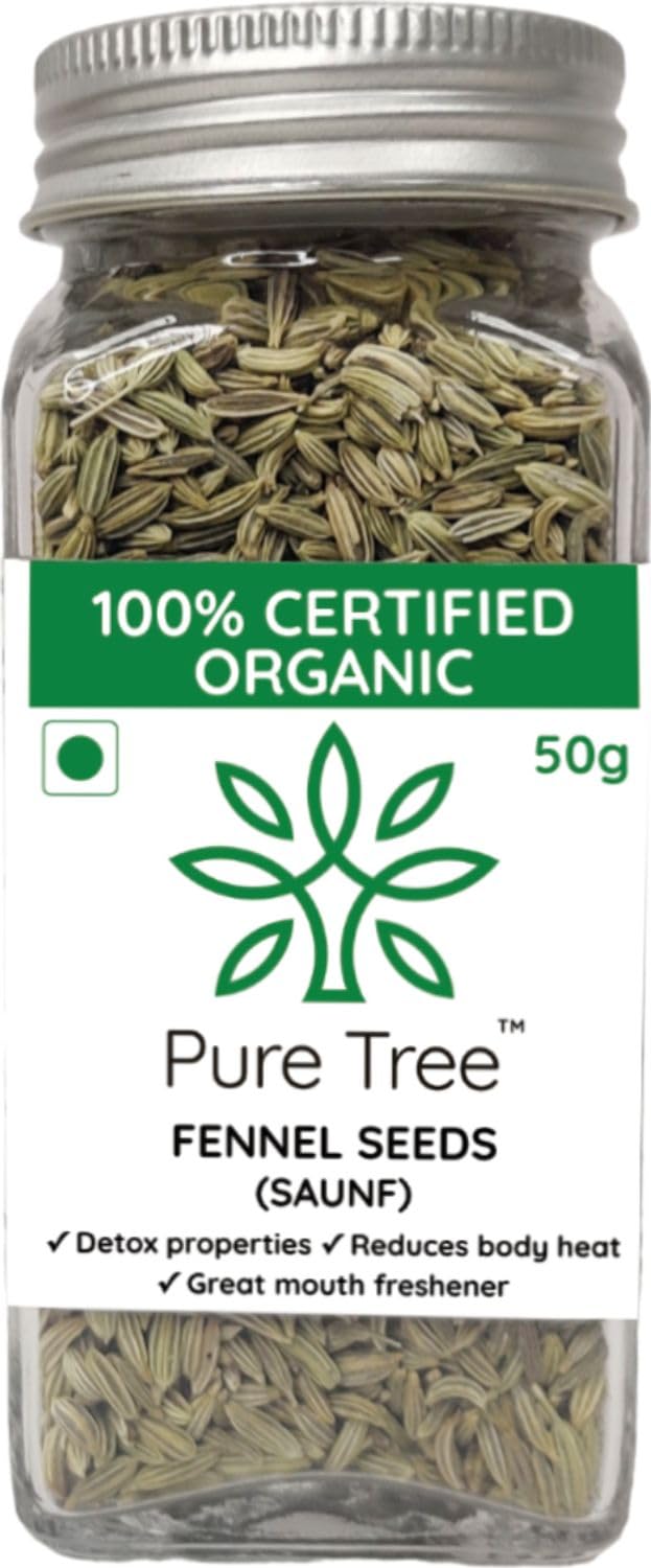 Pure Tree Certified Organic Fennel Seeds | 50 Gm | Glass Jar | Saunf, Variyali | Perumjeerakam Whole Spices Sombu Whole | Fennel Seeds Saunf | Organic Saunf Rich Flavour Sombu (B09WMZC67J) Amazon Price History, Amazon Price Tracker