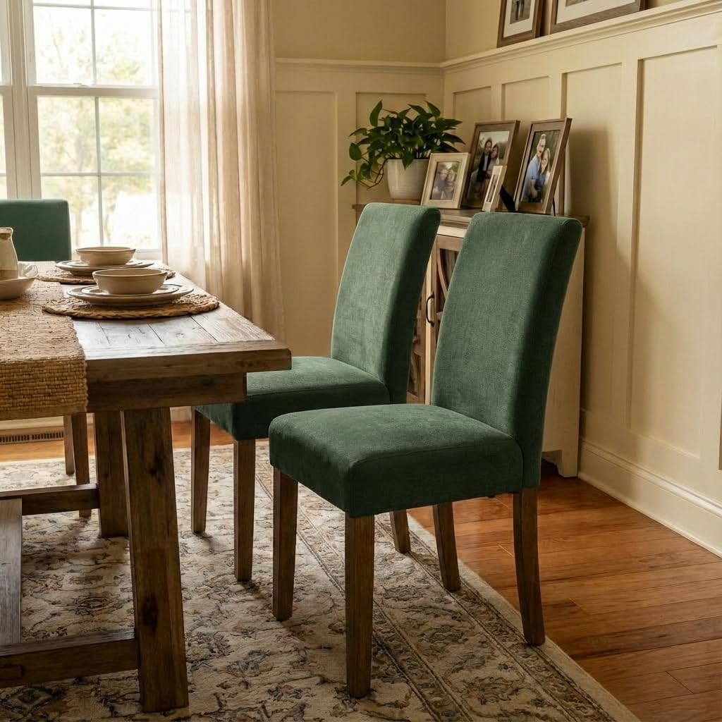 YOUNIKE Upholstered Fabric Dining Chairs Set of 2 High Back Mid-Century Modern Kitchen Dining Chairs with 4.7" Padded Cushion Solid Wood Legs Armless Design for Dining/Waiting Room Bedroom Green