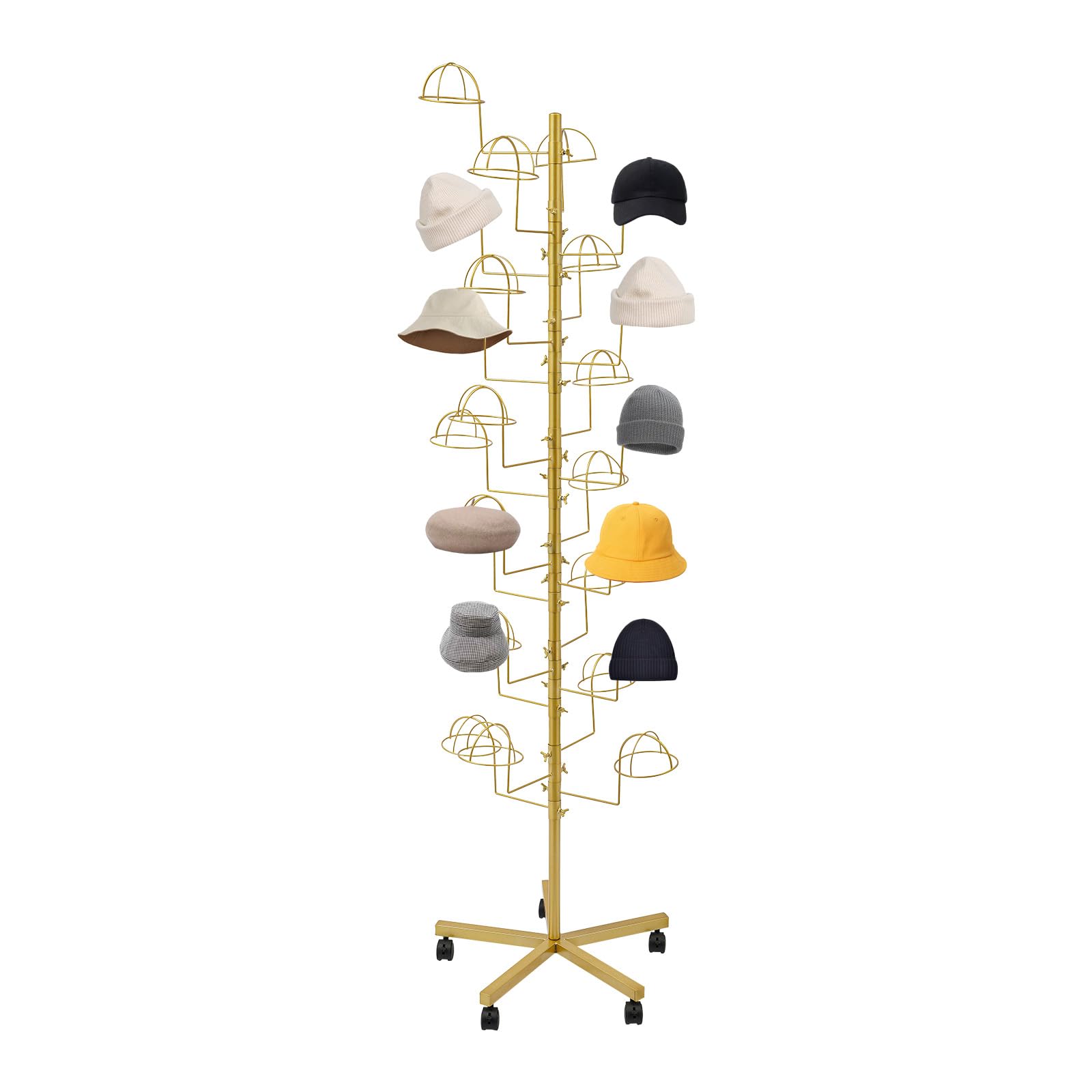 WBGANG Hat Display Rack,Metal Hats Display Stand With 5 Universal Wheels(With Brakes), Freestanding Hat Storage Stand For Homes, Stores,Gift Storesto,Etc.Holds Up To 25 Caps Vertically (Golden)