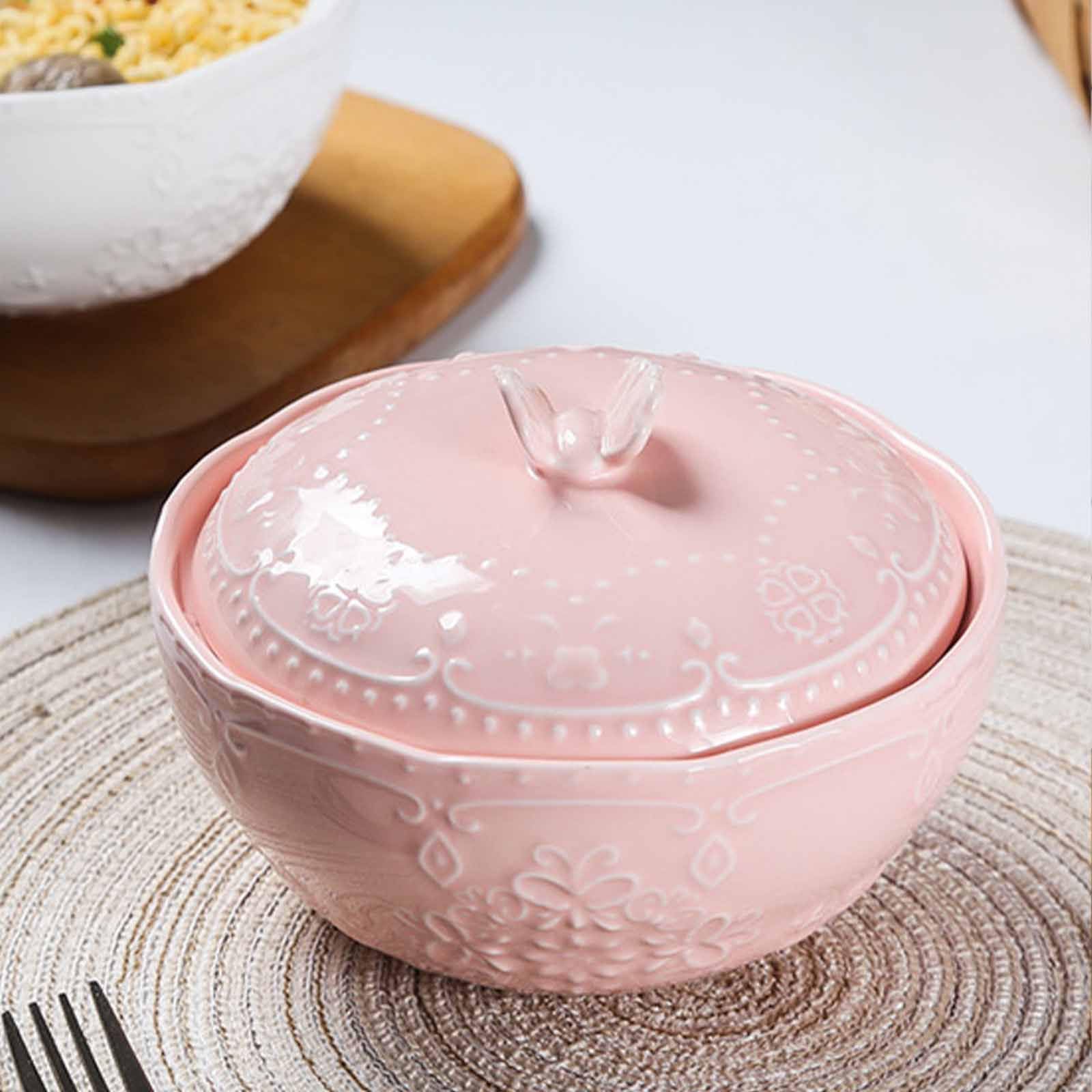 Ciotola da zuppa con coperchio, ciotola bassa, ciotola per noodle, ciotola per ramen in ceramica, ciotole Pho grandi (rosa, 680 g)