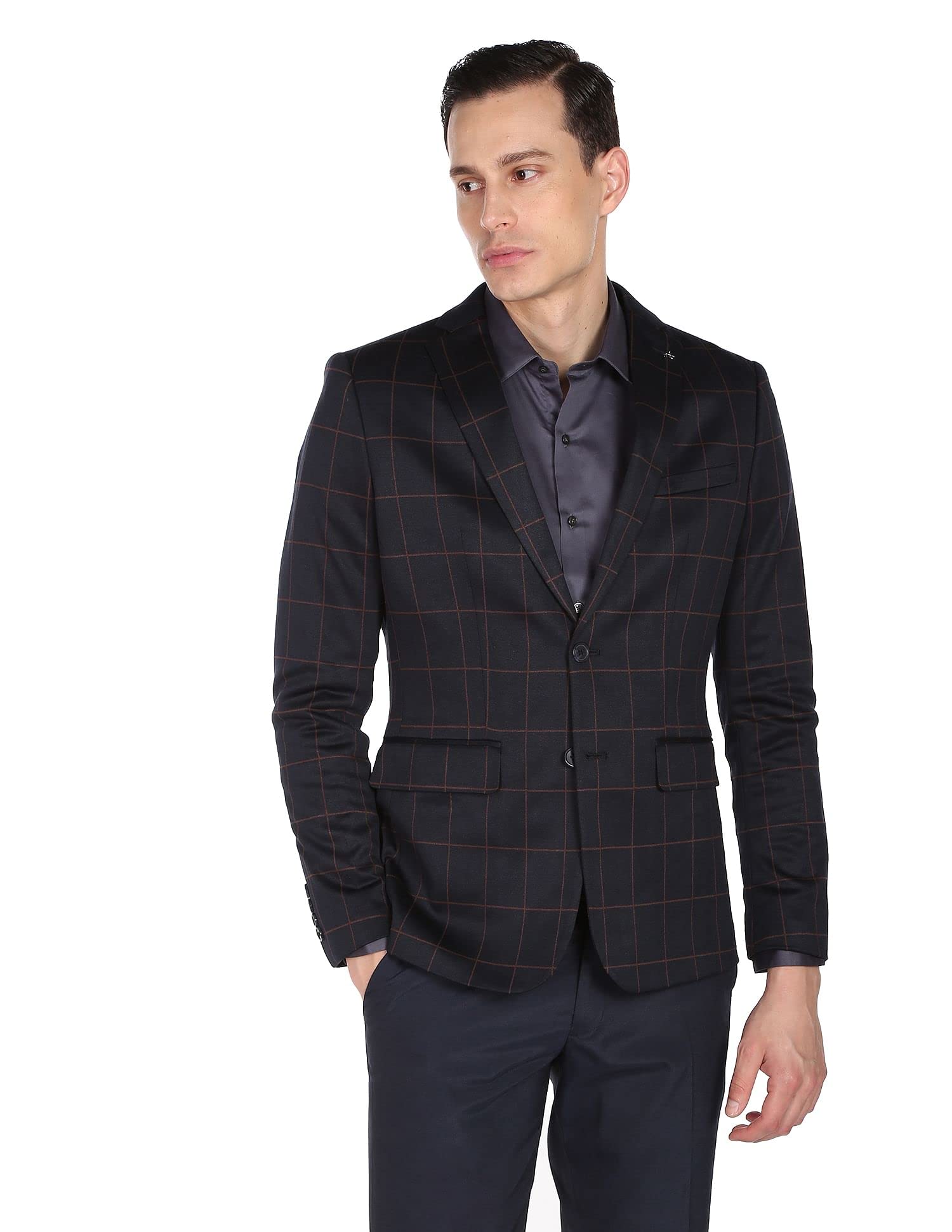 arrow Men Dark Blue Windowpane Check Zero Calorie Fit Formal Blazer-picture-19