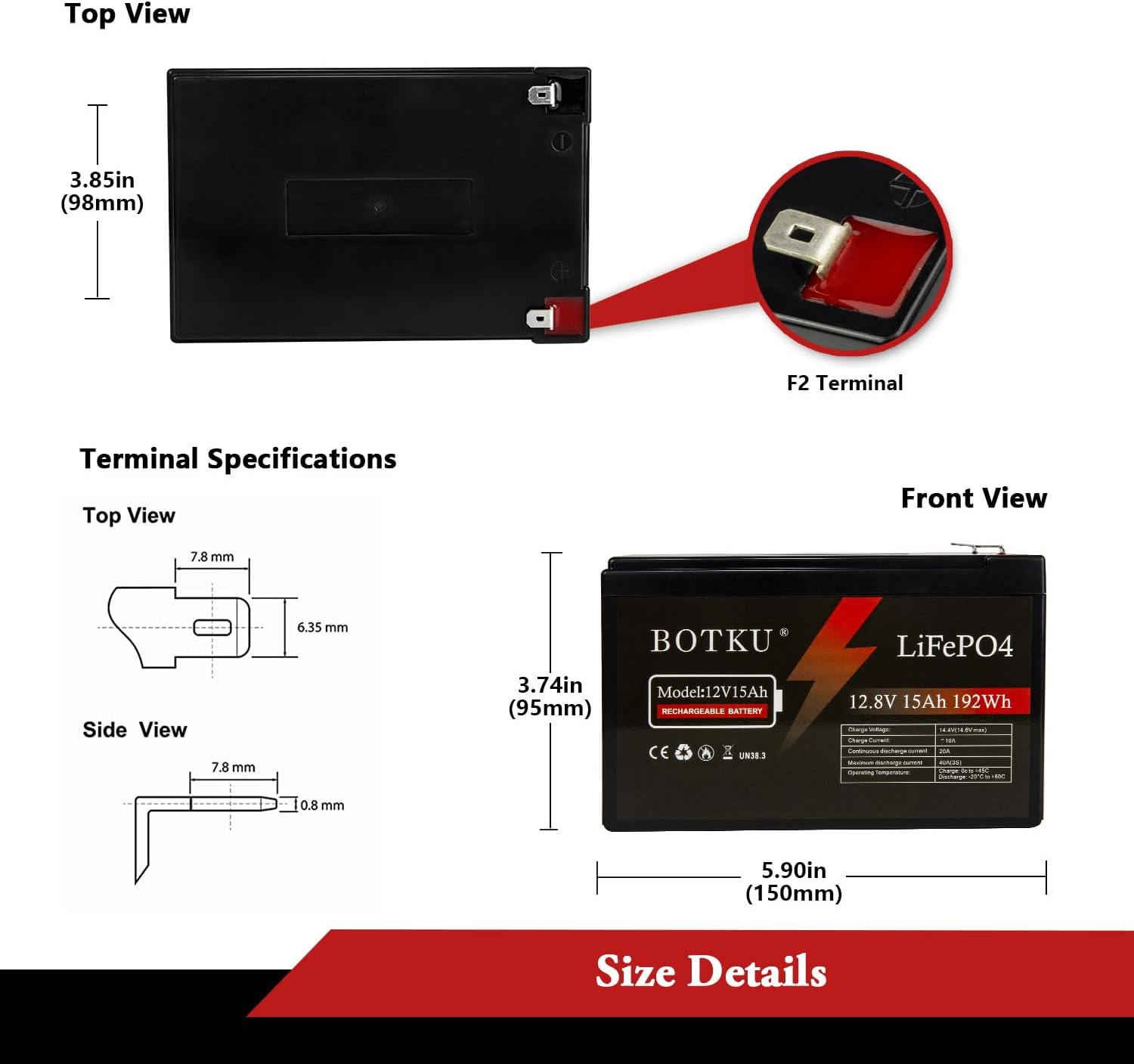 12V 15Ah Lithium LiFePO4 Deep Cycle Battery 2 Pack, 3000+ Cycle Rechargeable Lithium Iron Phosphate Battery for Solar, Fish Finder, Power Wheels, Lighting, Off-Grid Applications with 20A BMS - Image 2