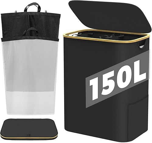 HAPPYMATE - Cesta grande para ropa sucia con tapa, 150L, 2 paquetes de bolsas interiores extraíbles, con asas, cestas de ropa sucia para dormitorio, disponible en Yaxa Colombia
