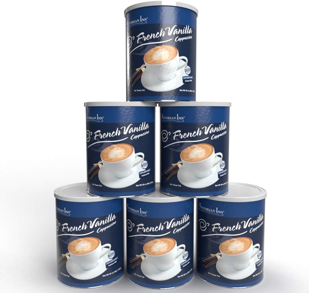 Instant Cappuccino - French Vanilla Flavor - Creamy & Delightful Coffee Mix - Great Hot, Cold, or Blended - Creamy Flavor - (6) 3 lb Canister