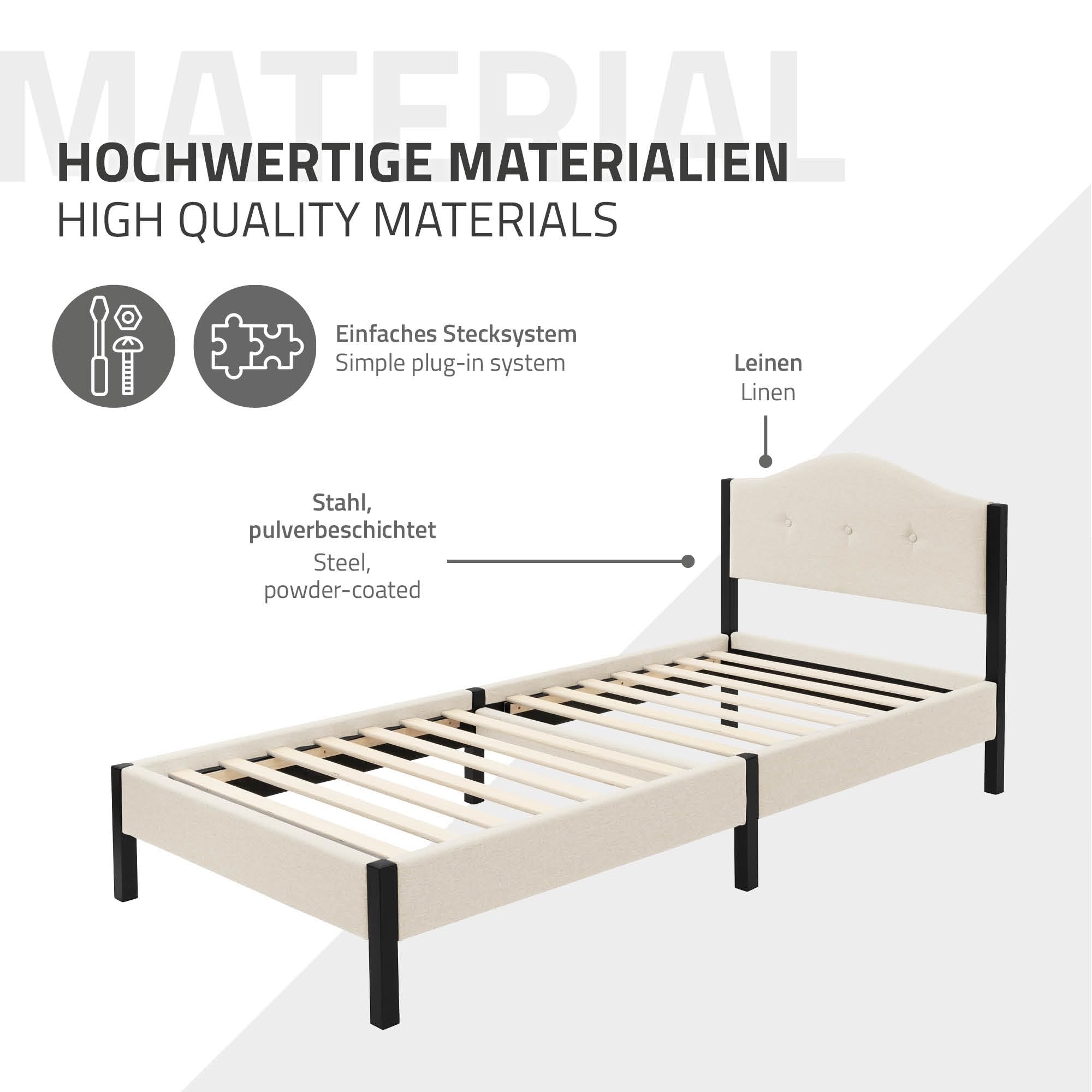 ML-Design Letto 90x200 cm, Giroletto Singolo, Struttura Robusta, Testiera Imbottita e Rete a Doghe, Telaio in Acciaio e Tessuto di Lino, Beige, Spazio di Archiviazione Sotto il Letto, per Cameretta