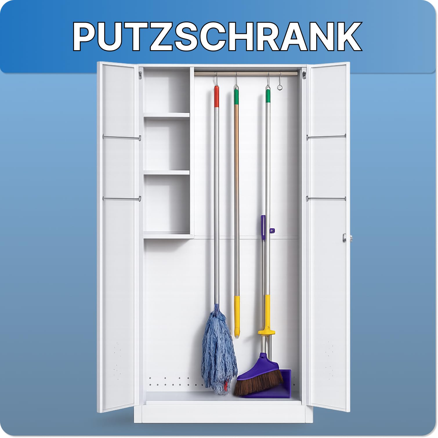 Putzschrank abschließbar [180 x 85 x 42 cm] – Geräteschrank aus Metall mit 2 Türen, Schloss, Halterung & Türfächern – Besenschrank für Reinigungsgeräte, Haushalt & Gewerbe (Grau)