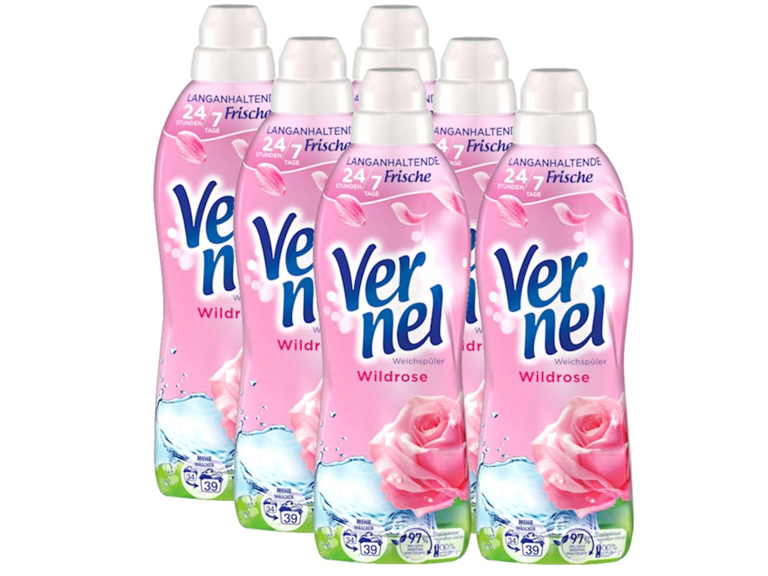Vernel Wildrose Weichspüler (6x34 Waschladungen), Wäscheduft für 24 Stunden & 7 Tage langanhaltende Frische mit einzigartiger Duft-Technologie, recycelbare Flasche