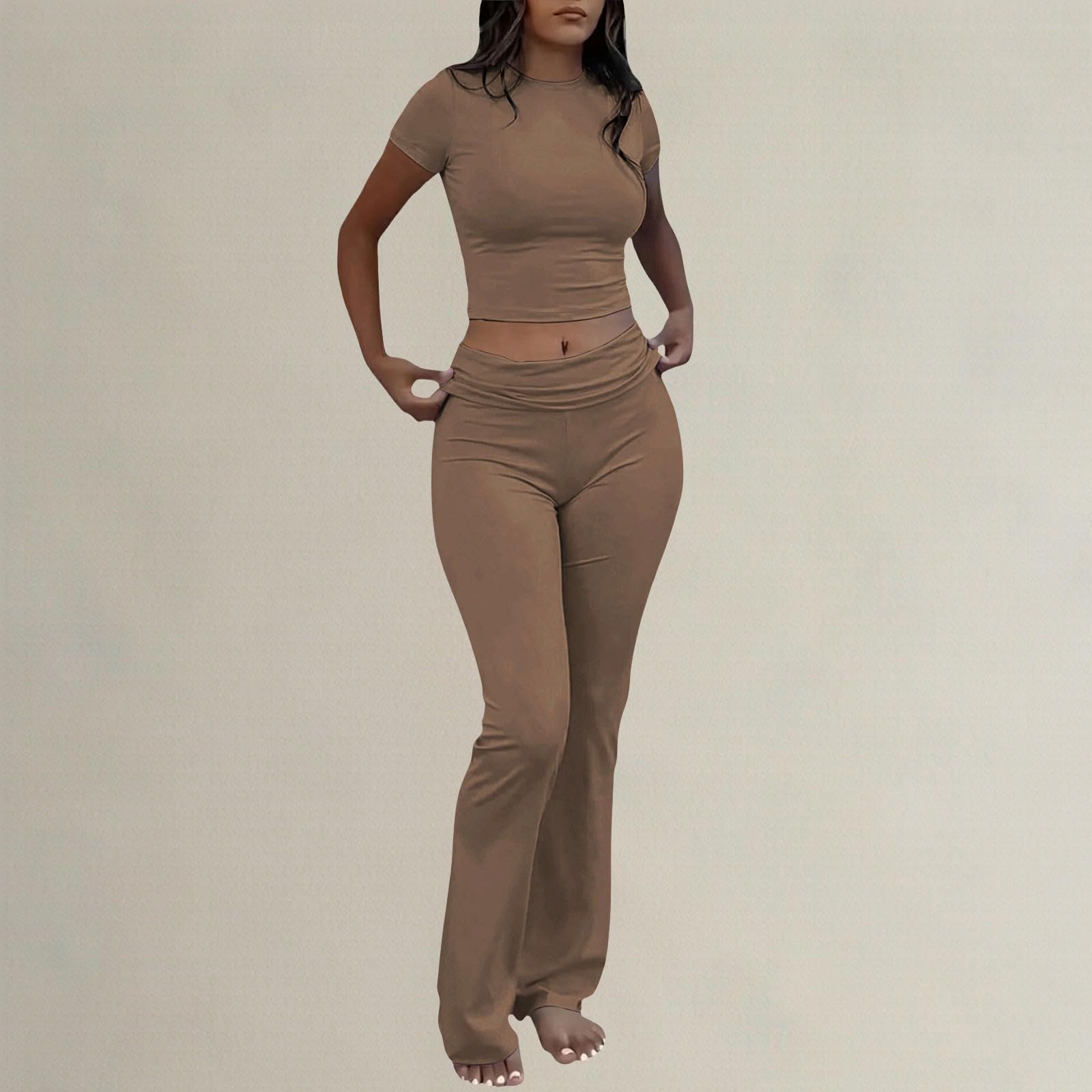 Tuta da jogging da donna, in cotone, sportiva, senza maniche, girocollo, top e pantaloni lunghi, 2 pezzi, tinta unita, slim fit, vita alta, elasticizzata, tuta da yoga