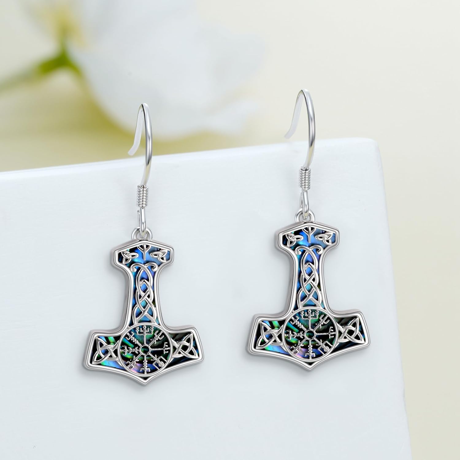 Viking Earrings 925 Sterling Silver Thors Hammer Earring Viking Jewelry for Women Abalone Shell Earrings Gift