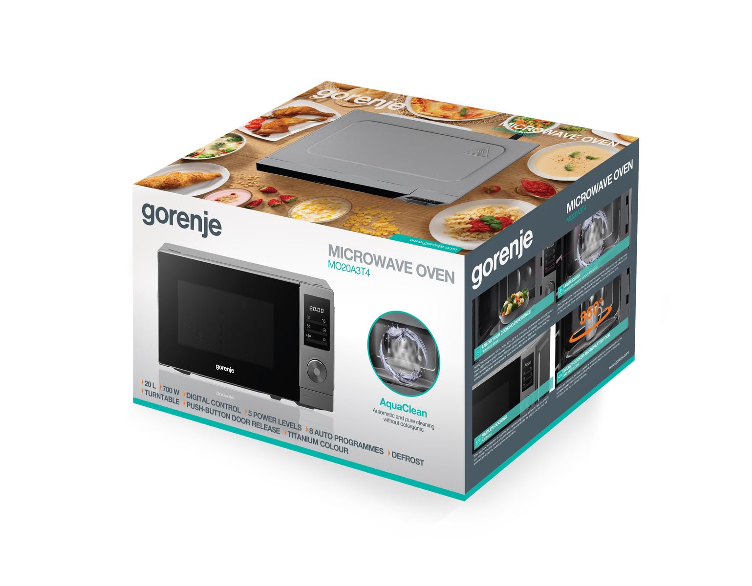 Gorenje MO20A3T4 Mikrowelle, 20L, 700 W, Kindersicherung, AquaClean, Auftaufunktion, 8 Automatikprogramme, 5 Leistungsstufen, LED Display, Elektronische Touch-Steuerung, schwarz mit Silber