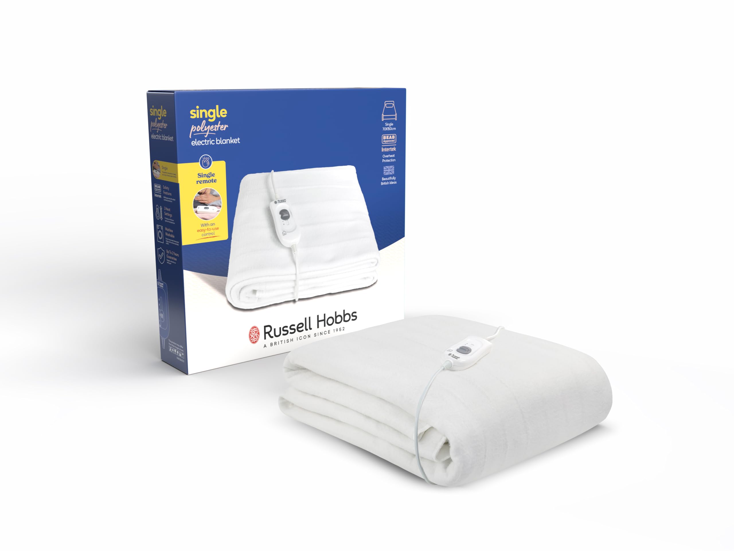 Sponsored Ad – Russell Hobbs Electric Blanket, Heated Single Fitted Underblanket, 3 Heat Settings, Low Energy & Energy Efficient, Machine Washable, 70 X 150 cm, 60W, White, RHESB6001, 2 Year Guarantee