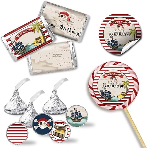 Kit de calcomanías para fiesta de cumpleaños con mapa del tesoro pirata, 429 piezas. Incluye 60 calcomanías circulares de 2 pulgadas para recuerdos