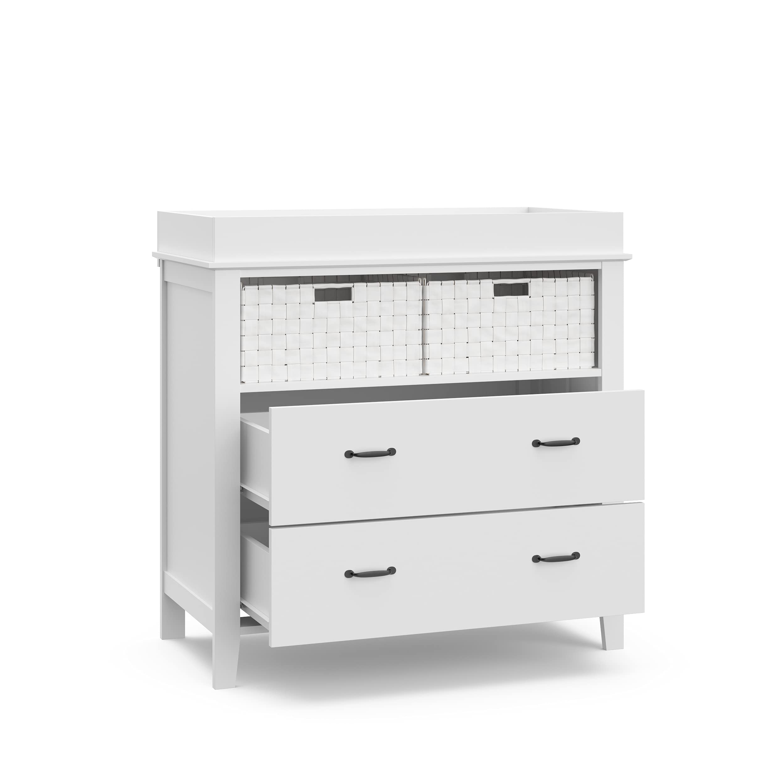 Storkcraft Forrest 2 Drawer Changing Table Chest with Baskets, Attached Changing Topper Fits Standard Size Changing Pad, 2 Drawers and 2 Open Shelves, White
