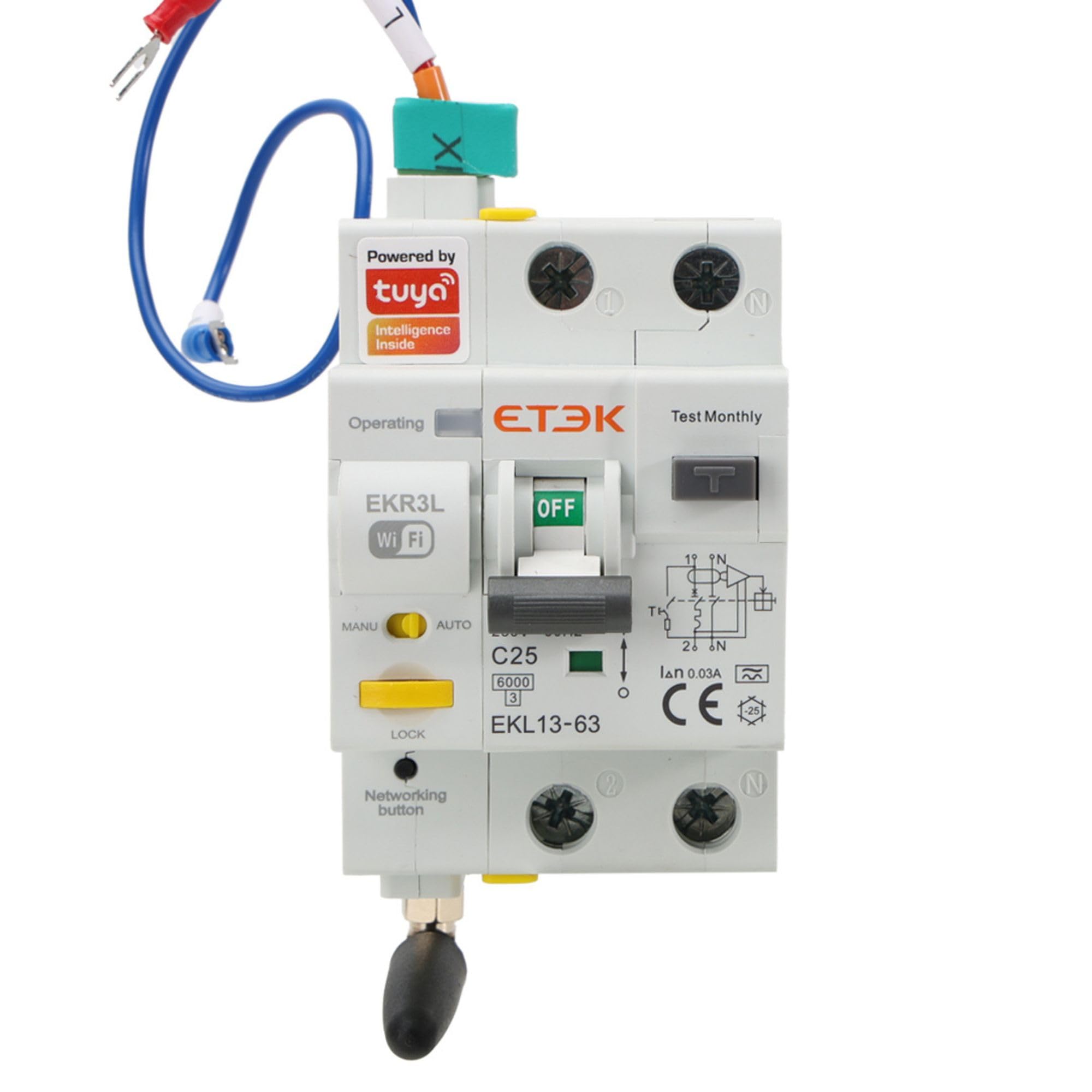 Differenziale con Riarmo Automatico tramite WIFI - 25A 30mA - RCBO con Protezione da Sovracorrente - Superimmunizzato Classe A - Controllo Remoto tramite App Tuya
