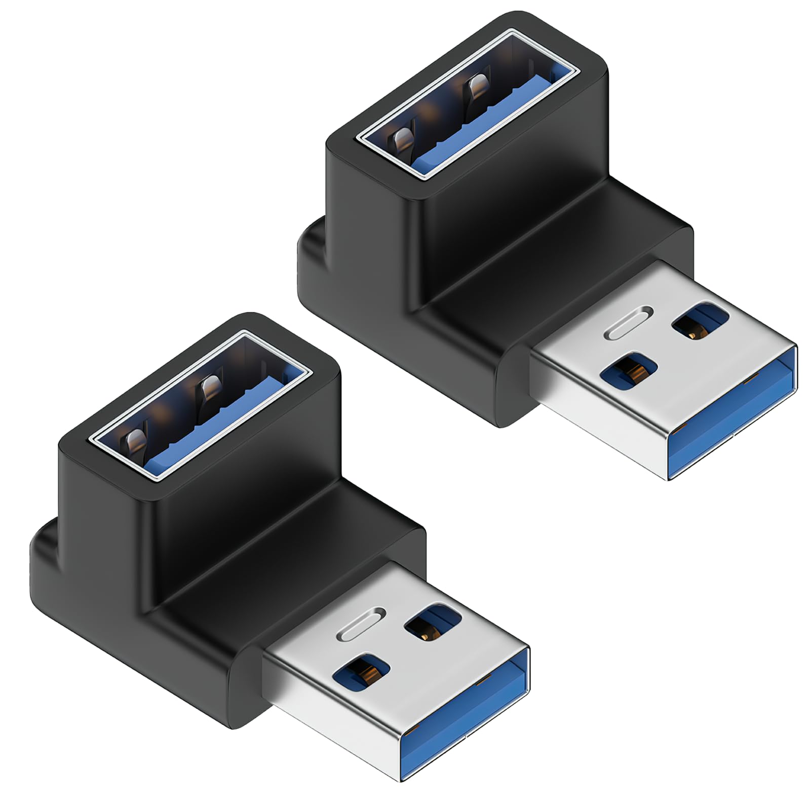 2pcs USB 3.0 Right Angle Adapter, USB-A Male to A Female 90 Degree Extension Charger Cable Converter Adaptor, Type A Coupler Up and Down Angle Connector for Phones Laptops Devices with USB A Port